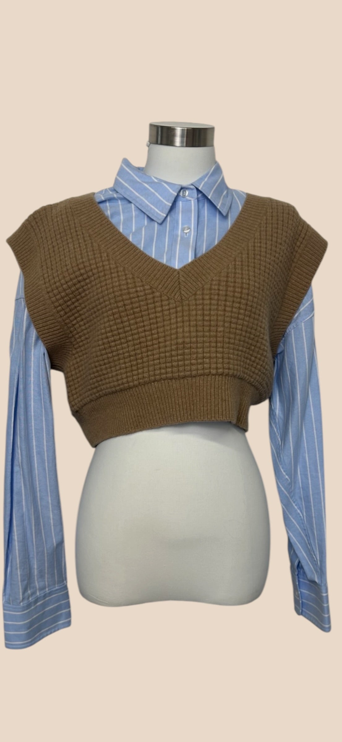 Alexander Wang Brown Cropped Sweater Vest Layered Blue Striped Shirt