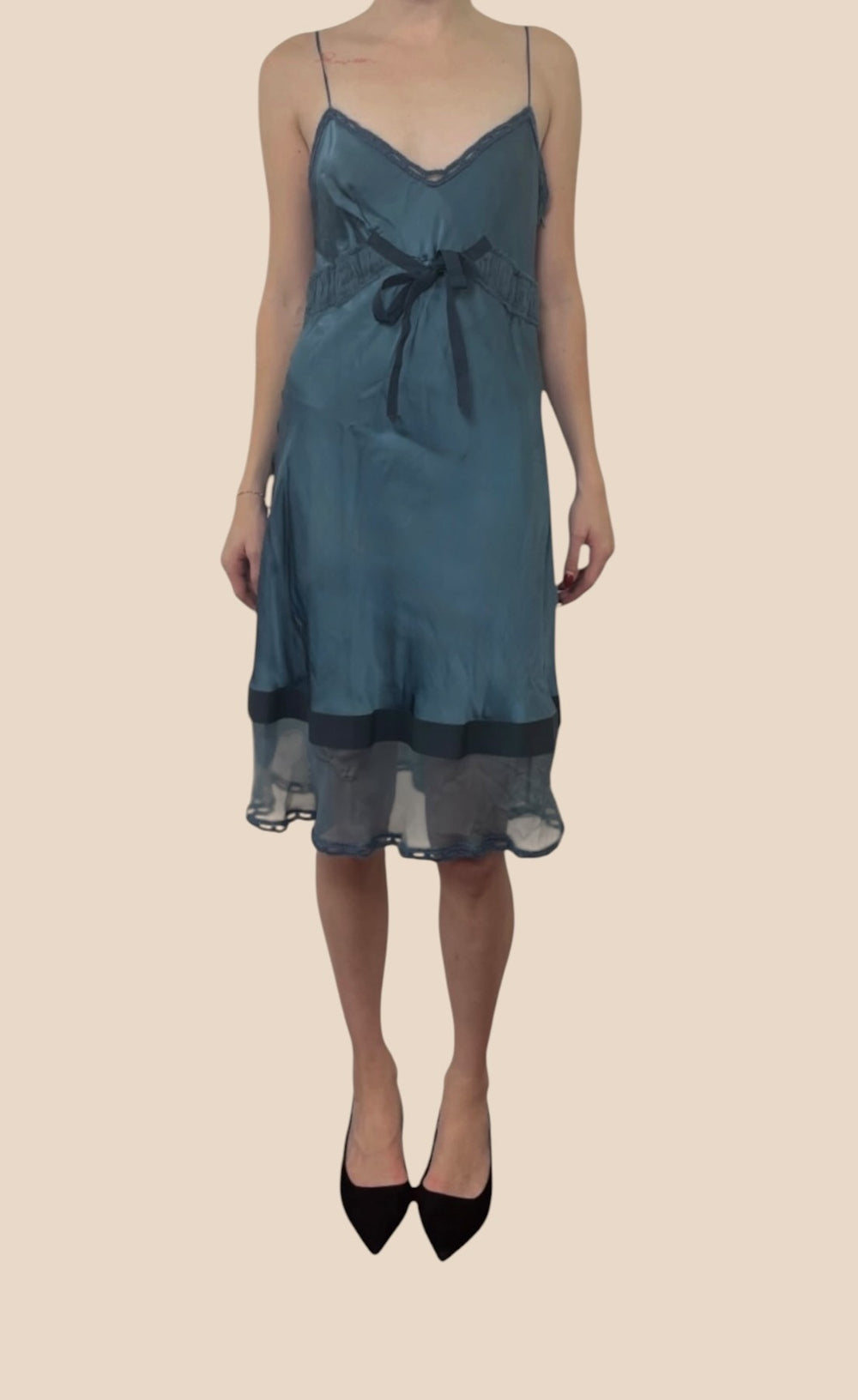 Alberta Ferretti Blue Silk Lace Trim Slip Dress