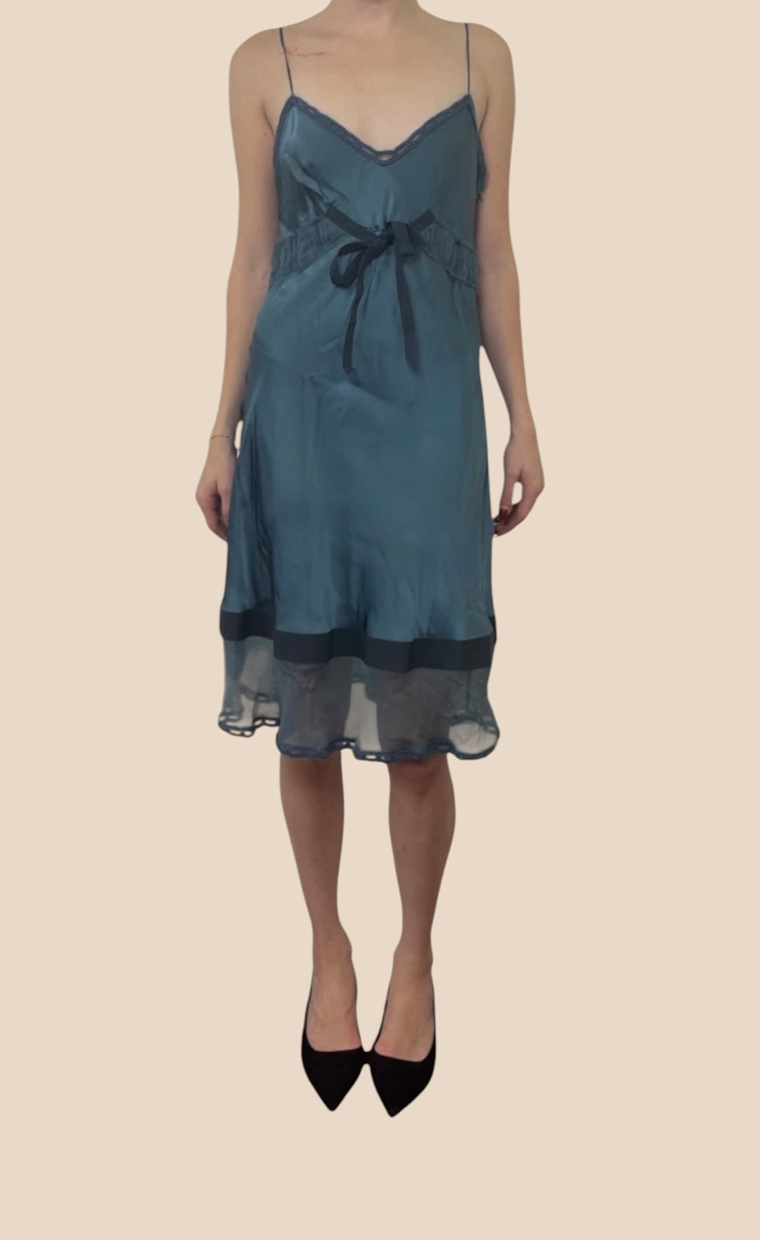 Alberta Ferretti Blue Silk Lace Trim Slip Dress