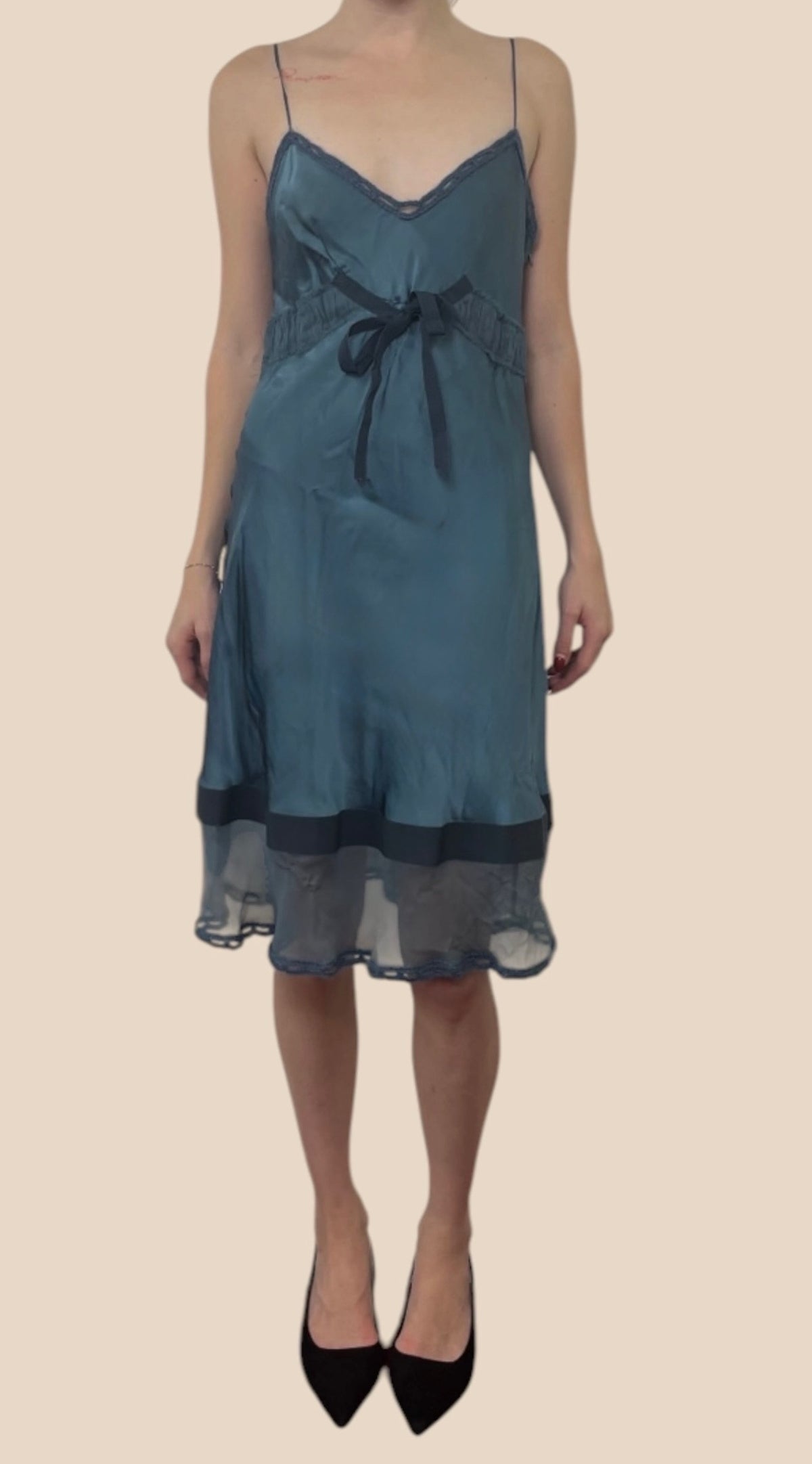 Alberta Ferretti Blue Satin Lace Trim Slip Dress