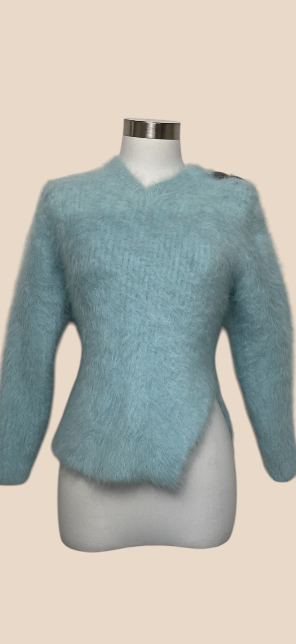 Balenciaga Light Blue Fuzzy V-Neck Asymmetric Sweater