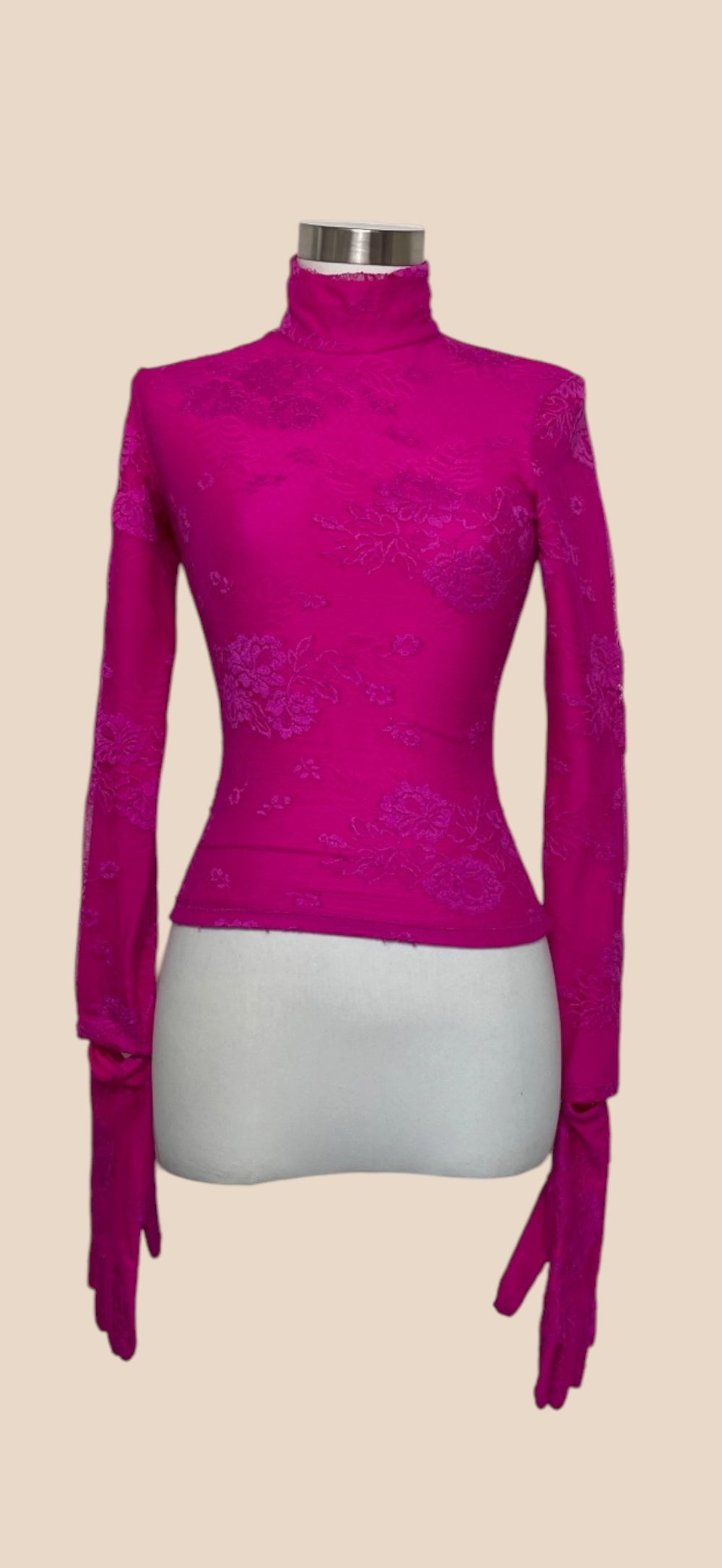 Balenciaga Fuchsia Floral Lace Turtleneck Top with Gloves
