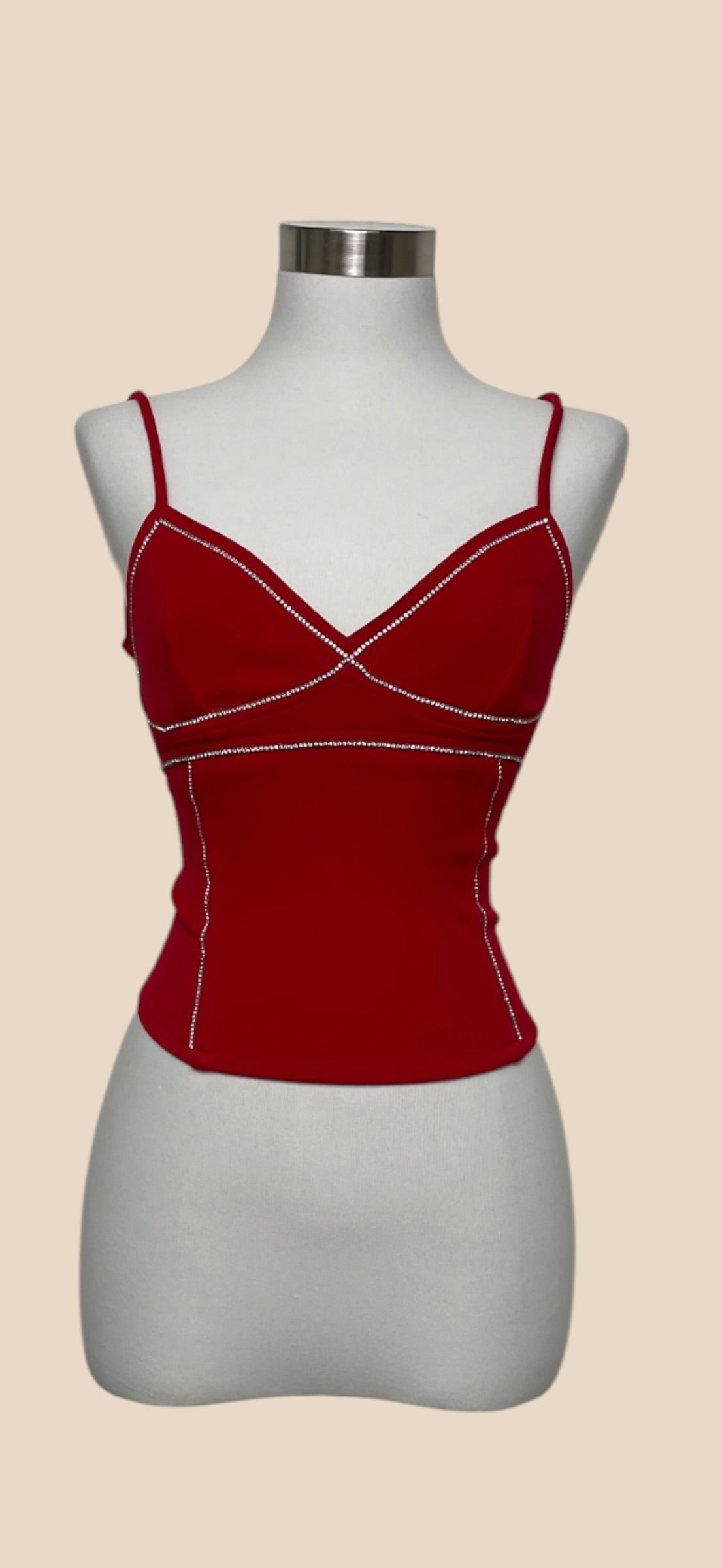 AREA Red Rhinestone Embellished Camisole Top