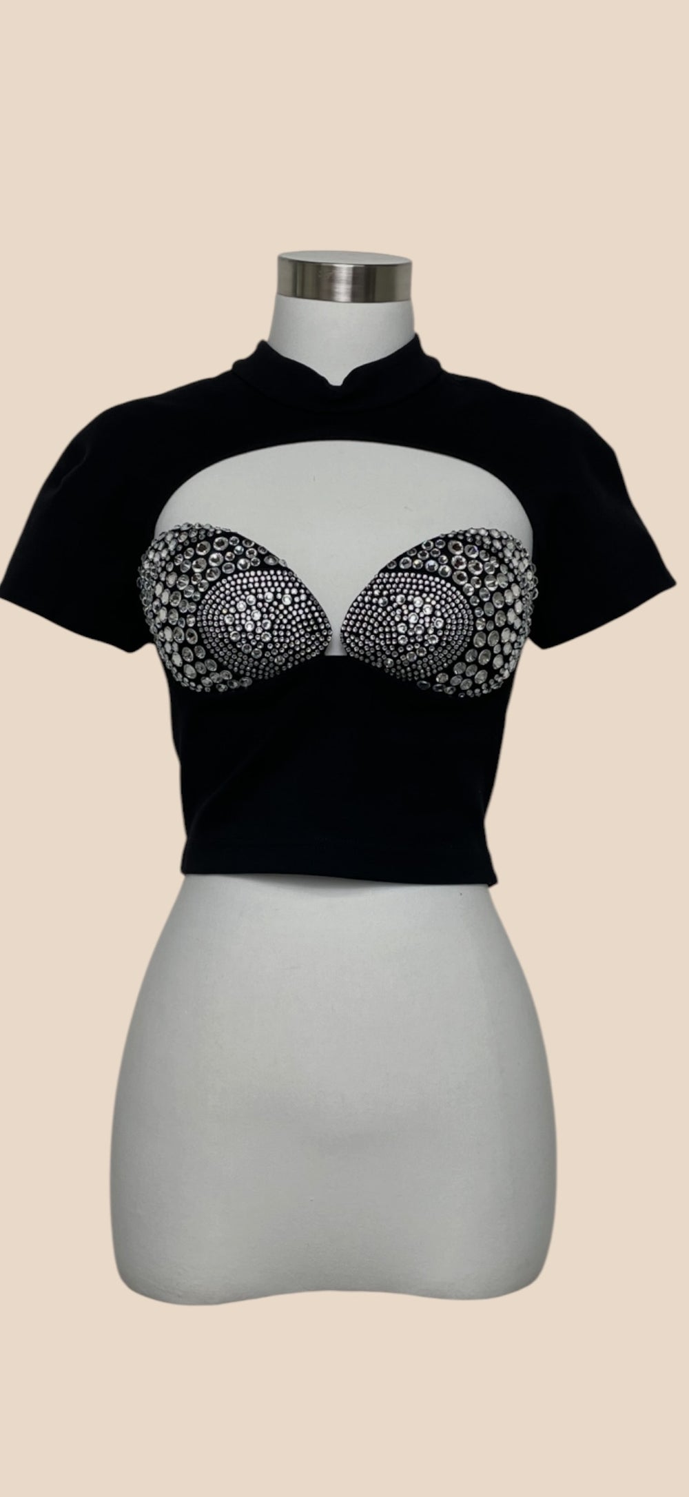 Area Black Crystal Embellished Cutout Crop Top