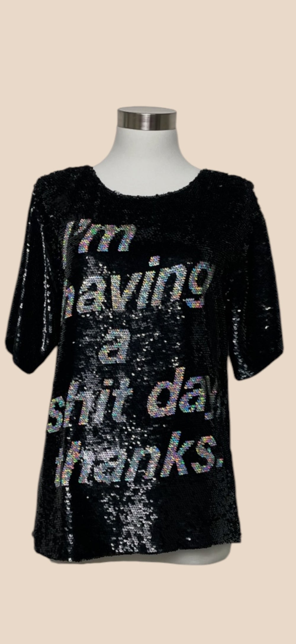 Ashish Black Sequin "I'm having a shit day thanks." Short Sleeve Top