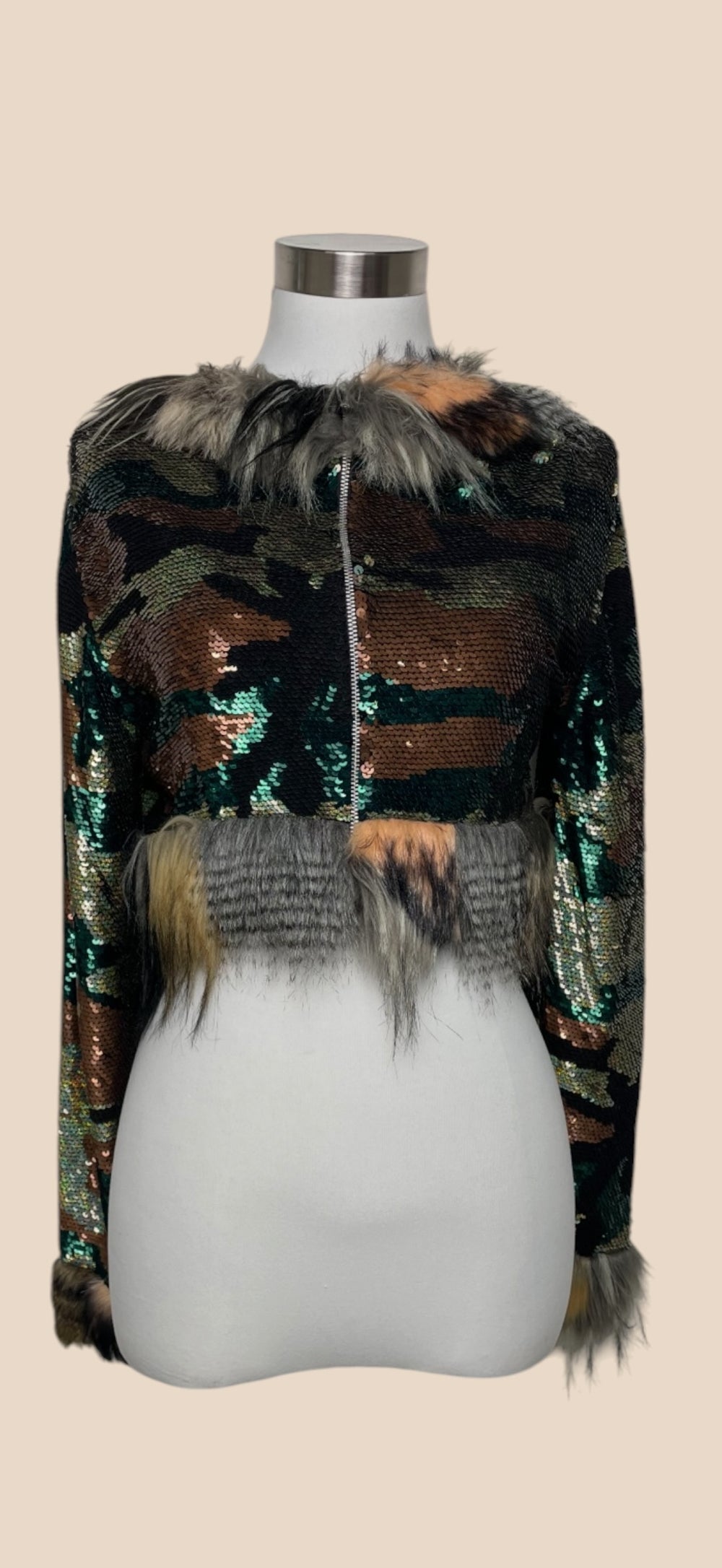 Ashish Multicolor Camo Sequin Faux Fur Trim Cropped Jacket