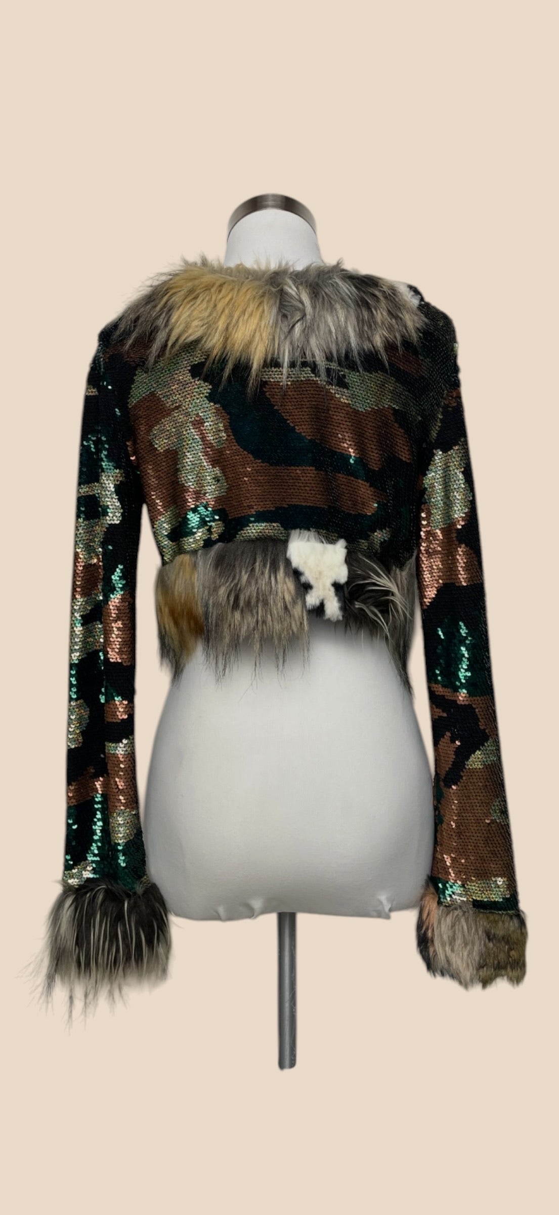 Ashish Multicolor Camo Sequin Faux Fur Trim Cropped Jacket