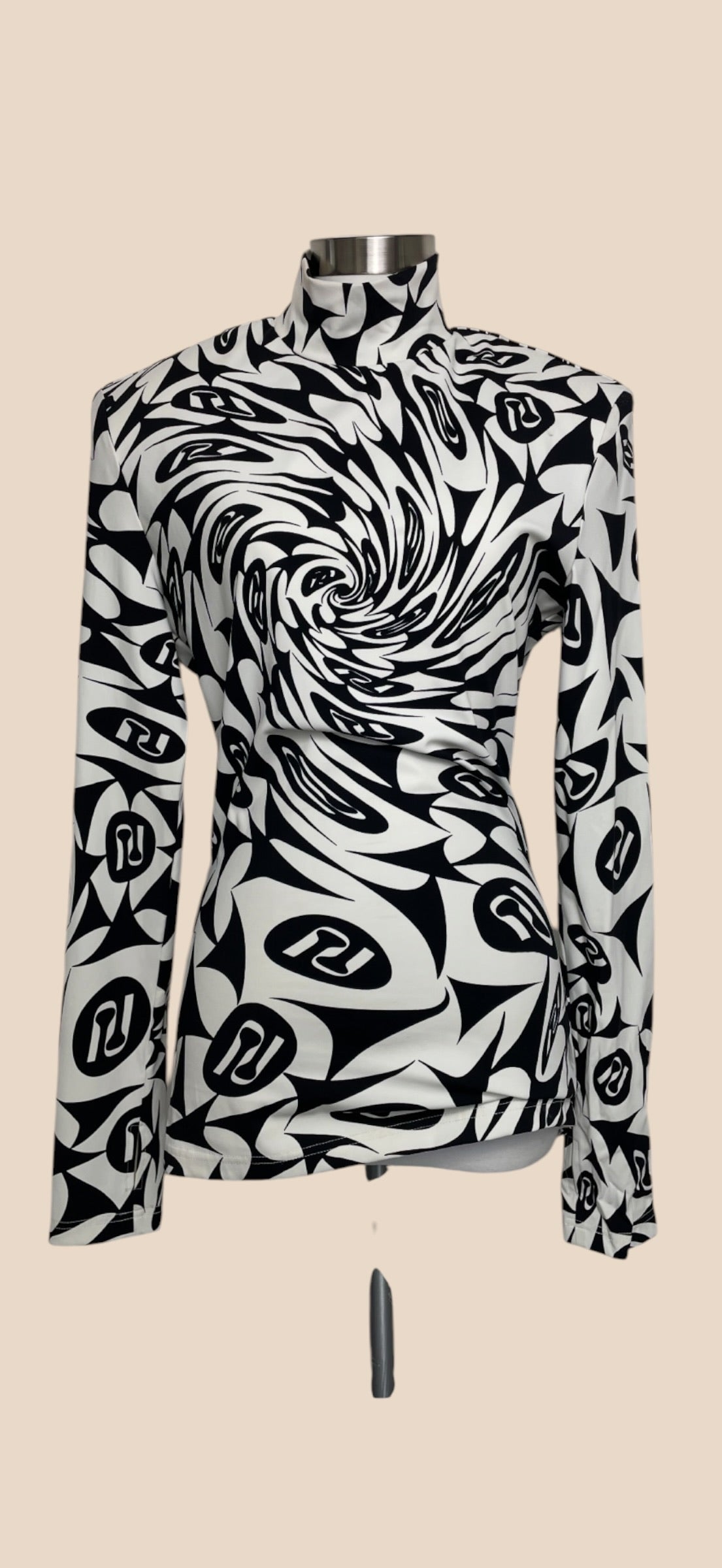 Annakiki Black and White Swirl Print Long Sleeve Turtleneck Top