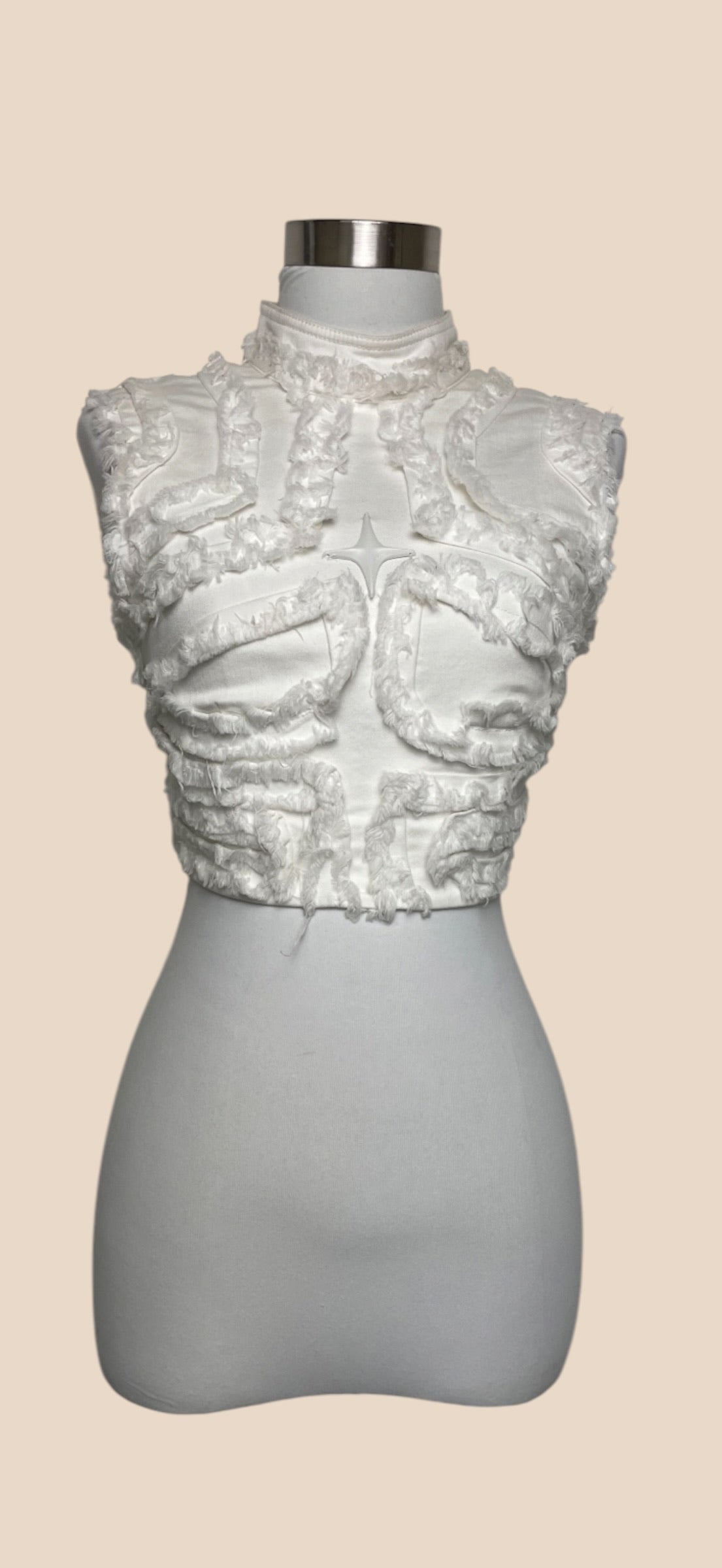 Annakiki White High Neck Textured Ruffle Sleeveless Crop Top