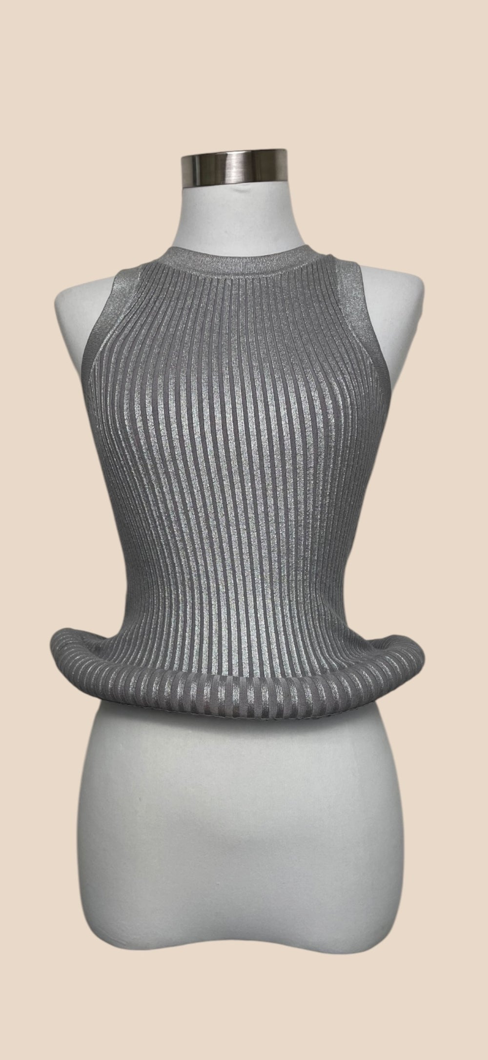 Annakiki Silver Metallic Ribbed Sleeveless Peplum Top