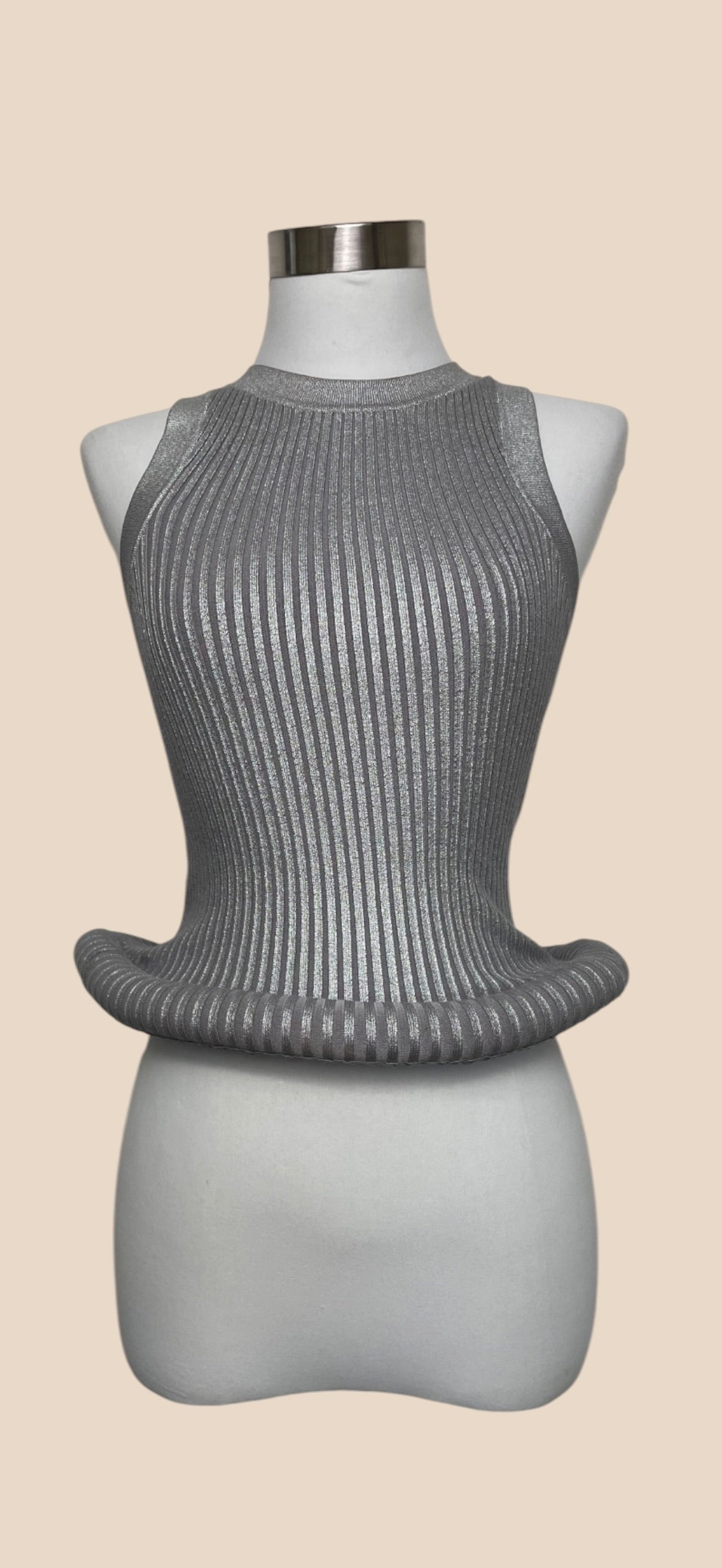Annakiki Silver Metallic Ribbed Sleeveless Peplum Top