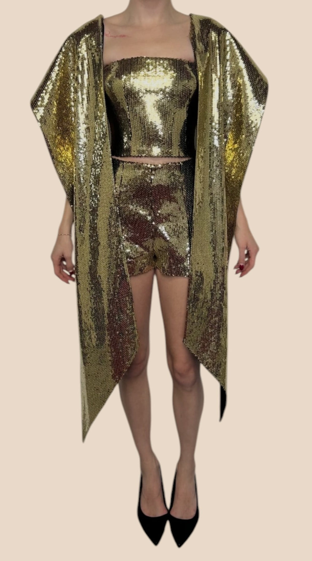Alex Perry Gold Sequin Corset Top, Shorts & Cape Set