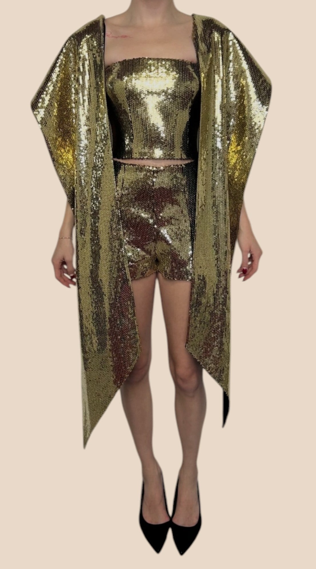 Alex Perry Gold Sequin Corset Top, Shorts & Cape Set