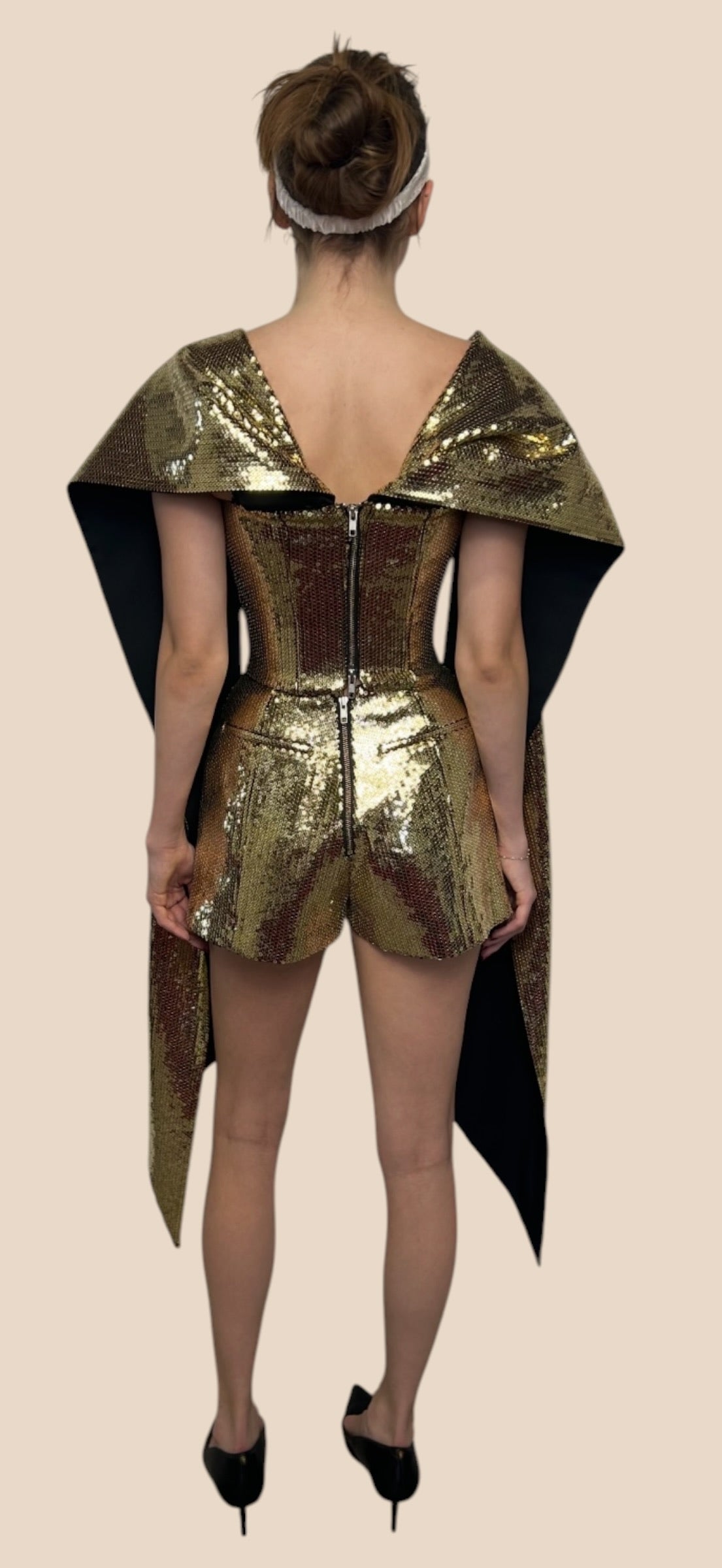 Alex Perry Gold Sequin Corset Top, Shorts & Cape Set