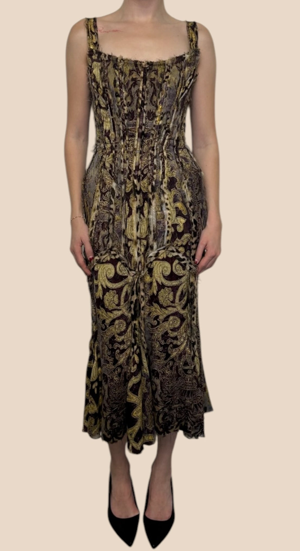 Roberto Cavalli Gold & Brown Baroque Print Midi Dress