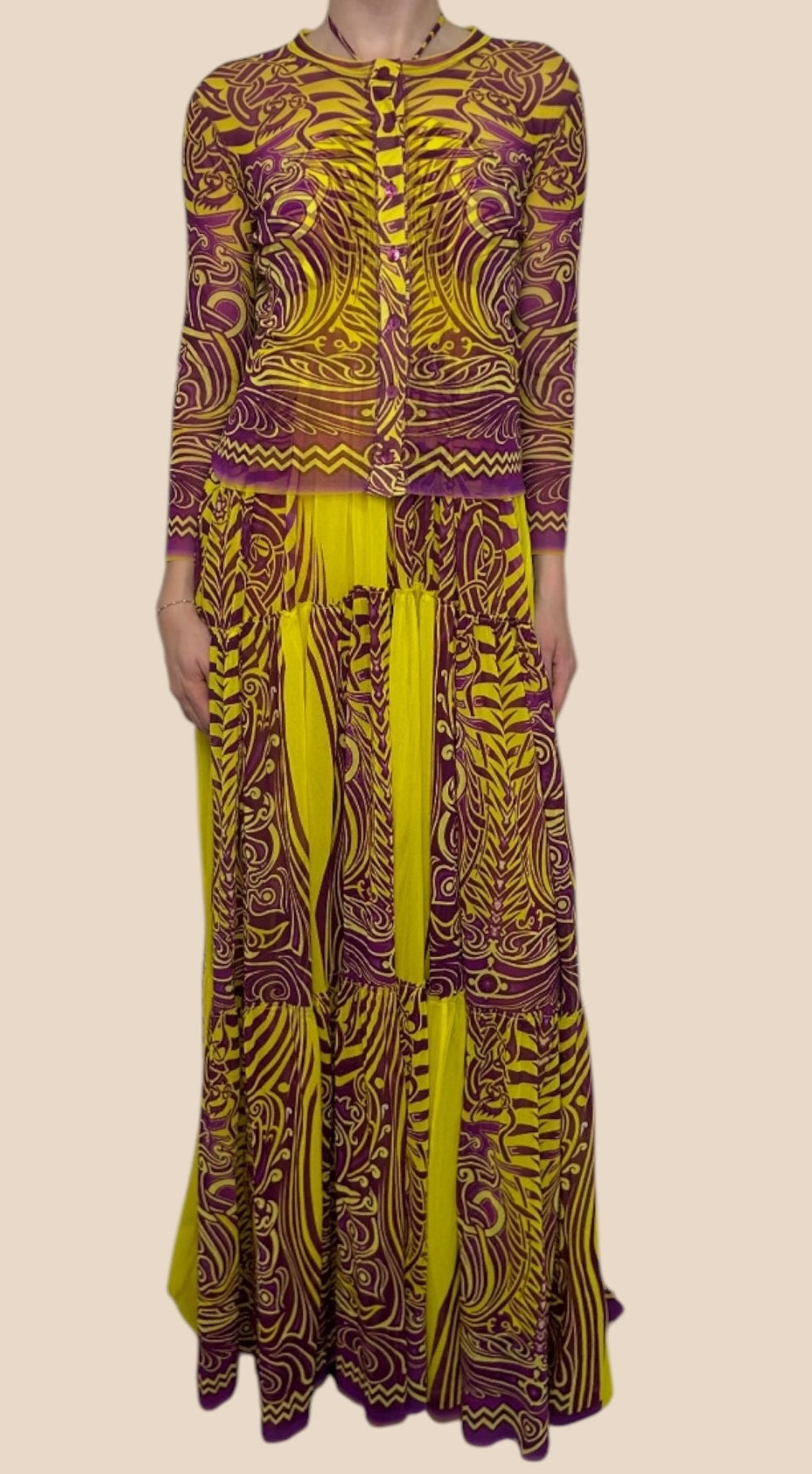 Jean Paul Gaultier Yellow & Purple Printed Maxi Dress & Cardigan Set