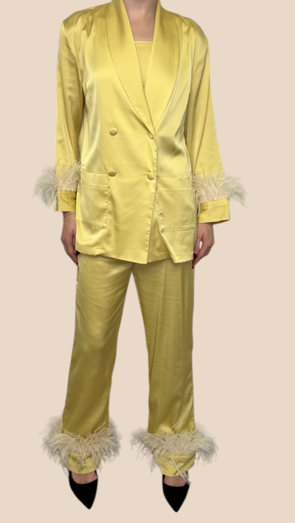 Coshe Room Yellow Satin Feather Trim Blazer & Pants Set