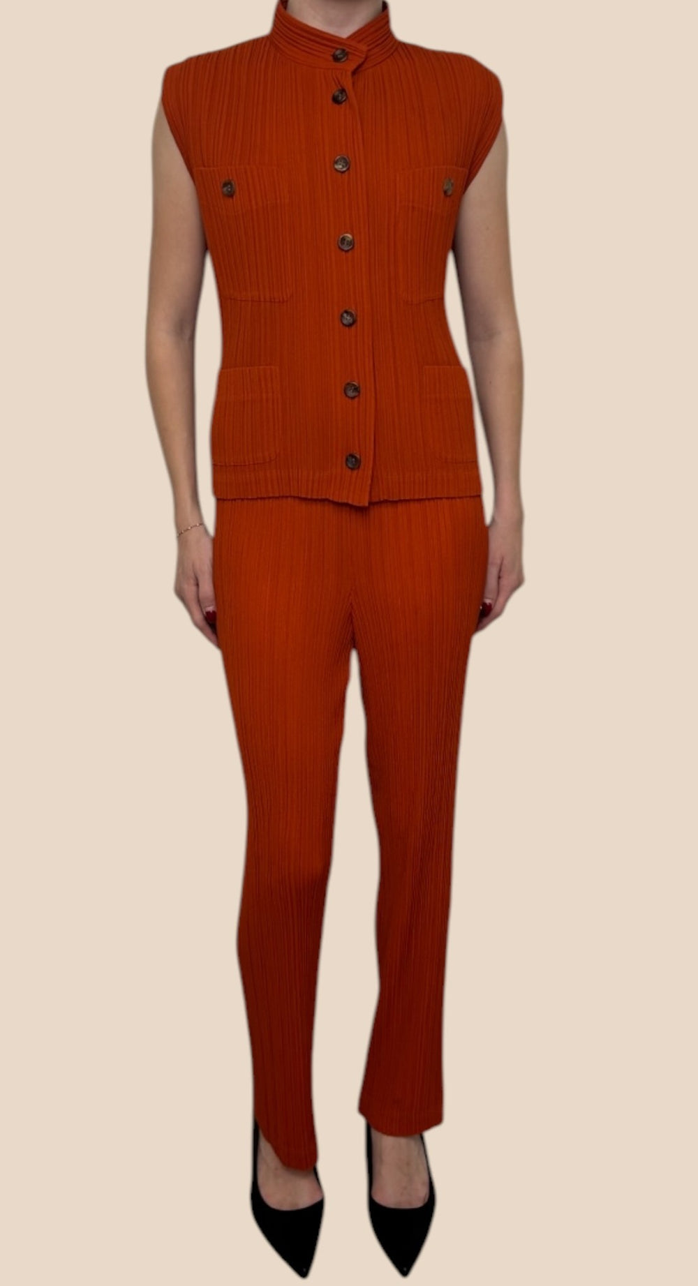 Issey Miyake Burnt Orange Pleated Vest & Pants Set