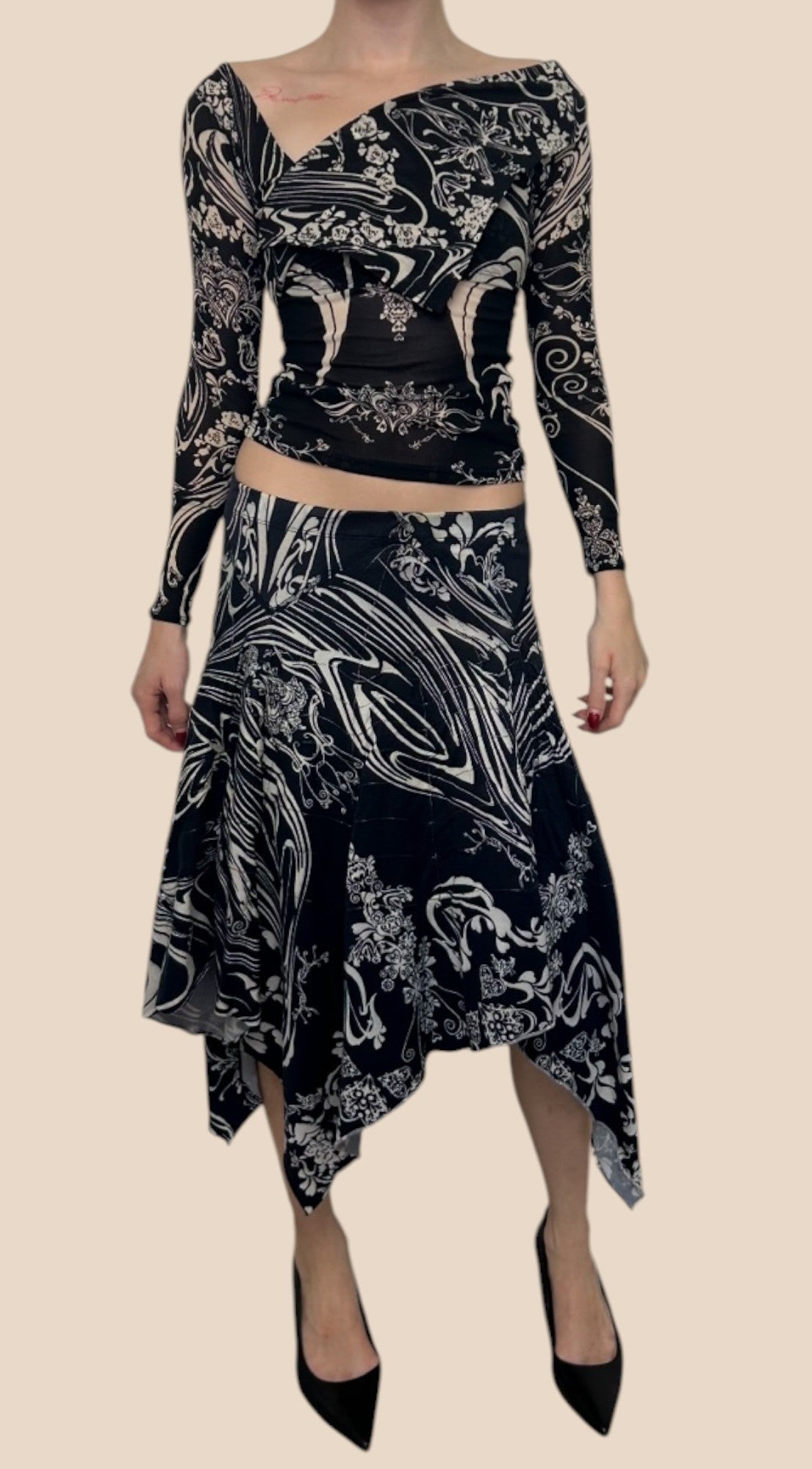 Issey Miyake Black & White Printed Top & Skirt Set