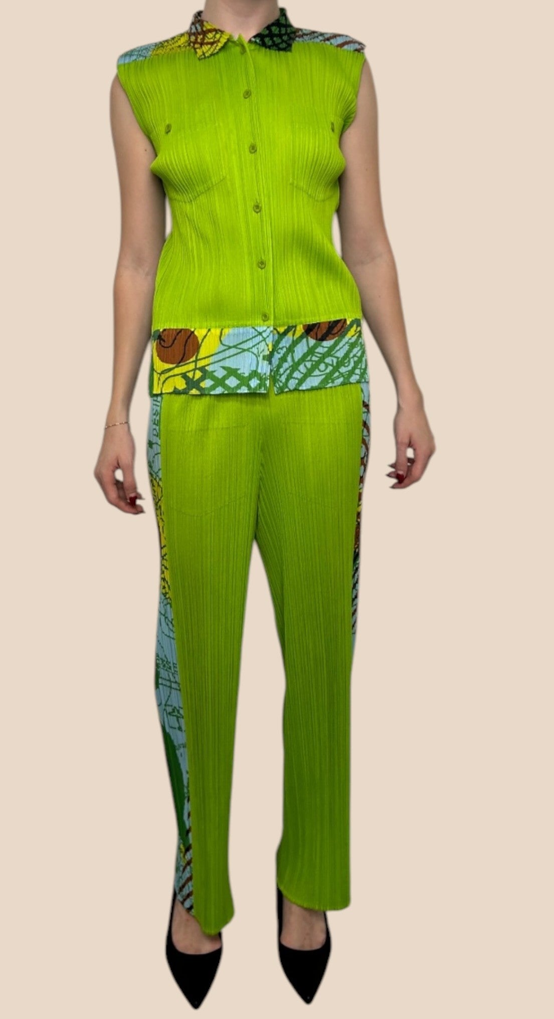 Issey Miyake Lime Green Pleated Shirt & Pants Set