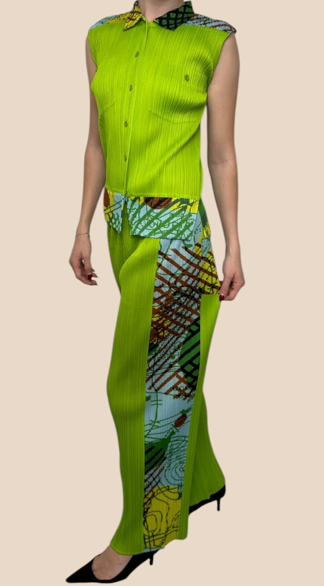 Issey Miyake Lime Green Pleated Shirt & Pants Set