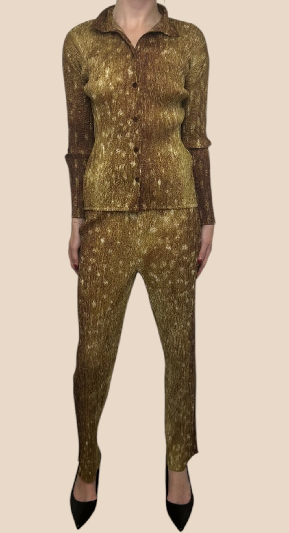 Issey Miyake Brown Pleated Shirt & Pants Set