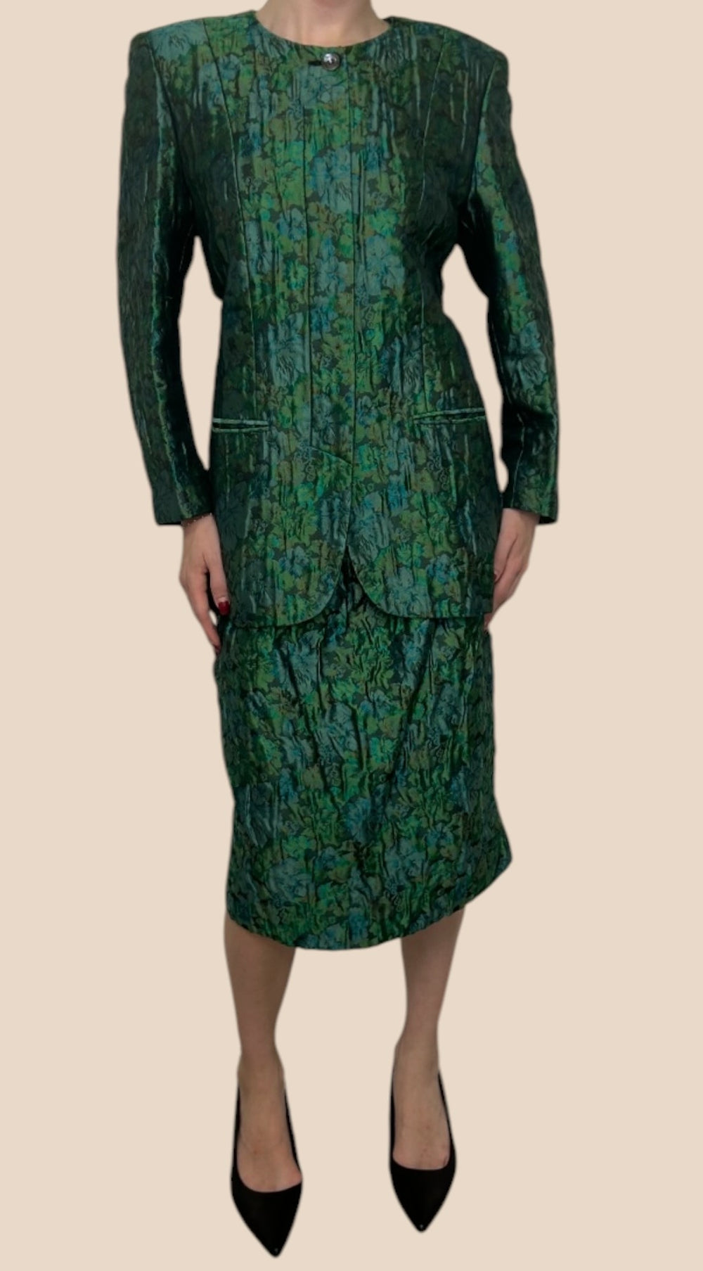 Ferragamo Green Floral Brocade Jacket & Skirt Set