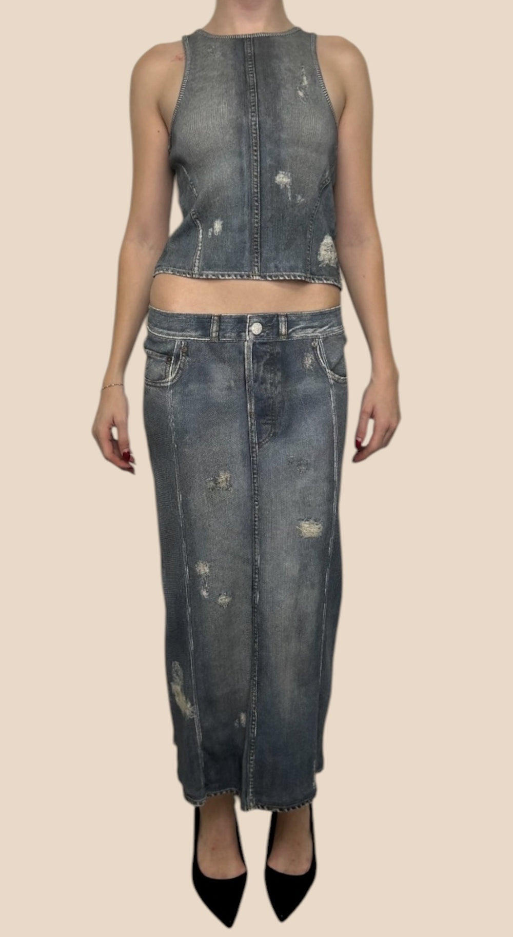 Acne Studios Grey Distressed Denim Top & Maxi Skirt Set