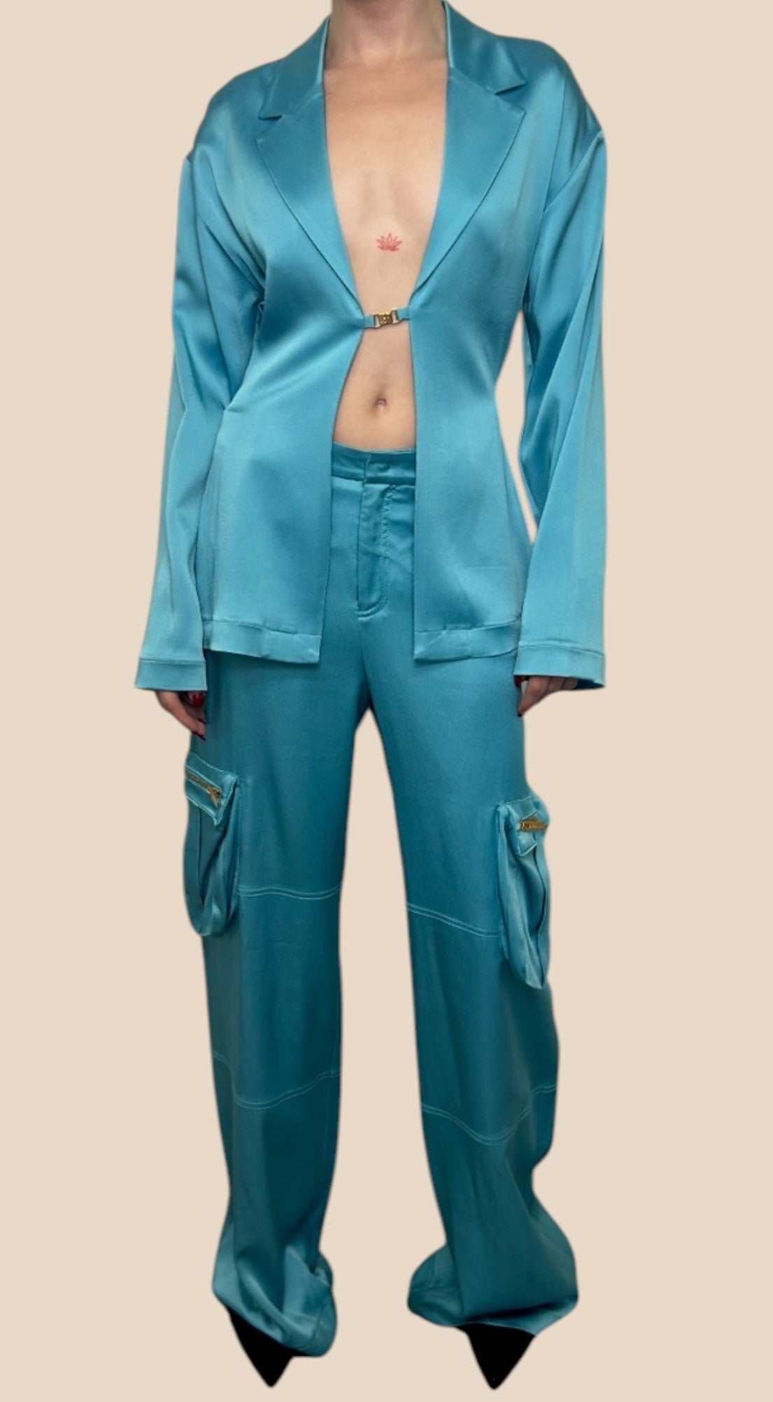 Blumarine Turquoise Satin Blazer & Cargo Pants Set