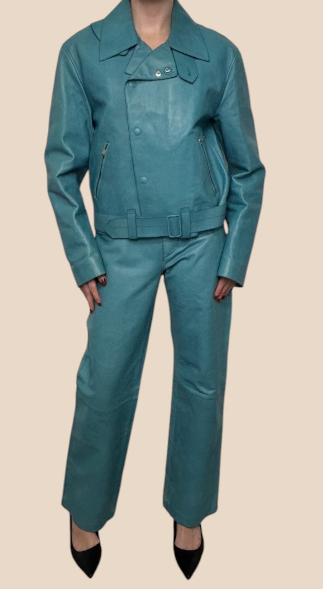 Lanvin Teal Blue Leather Jacket & Pants Set
