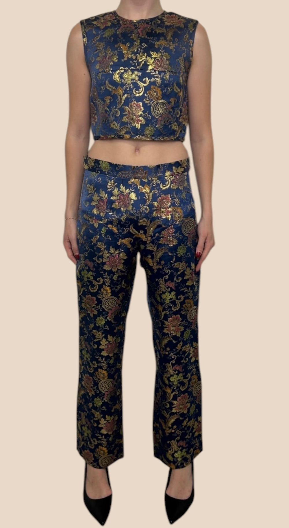 Junya Watanabe Blue Floral Brocade Crop Top & Trouser Set