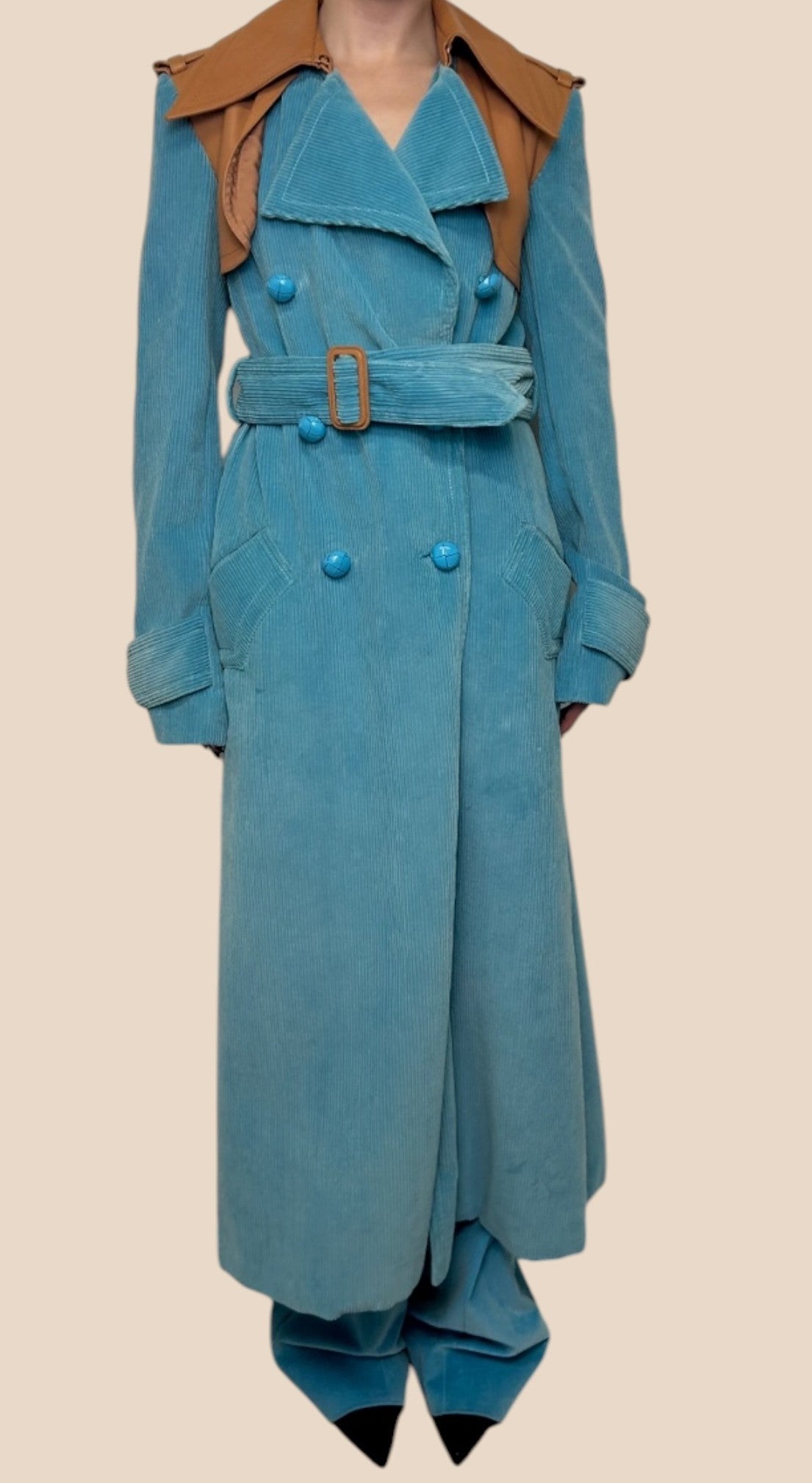 Nina Ricci Blue Corduroy Belted Trench Coat