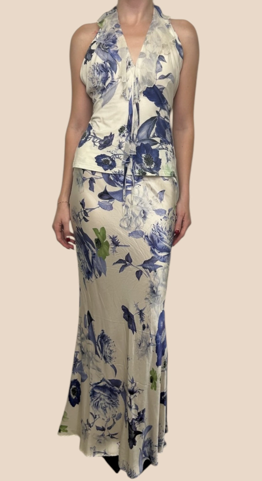 Roberto Cavalli Cream Blue Floral Halter Top & Maxi Skirt Set