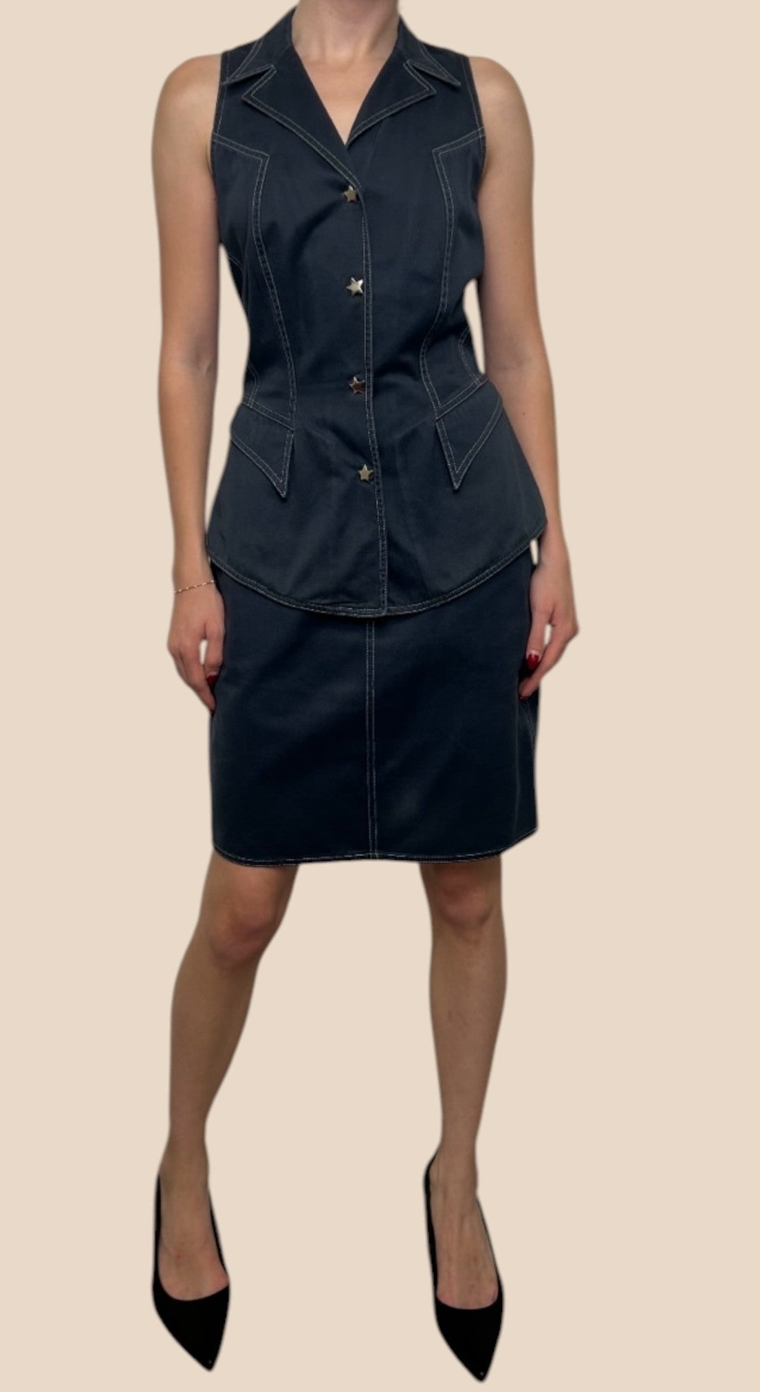 Mugler Navy Blue Star Button Vest & Skirt Set
