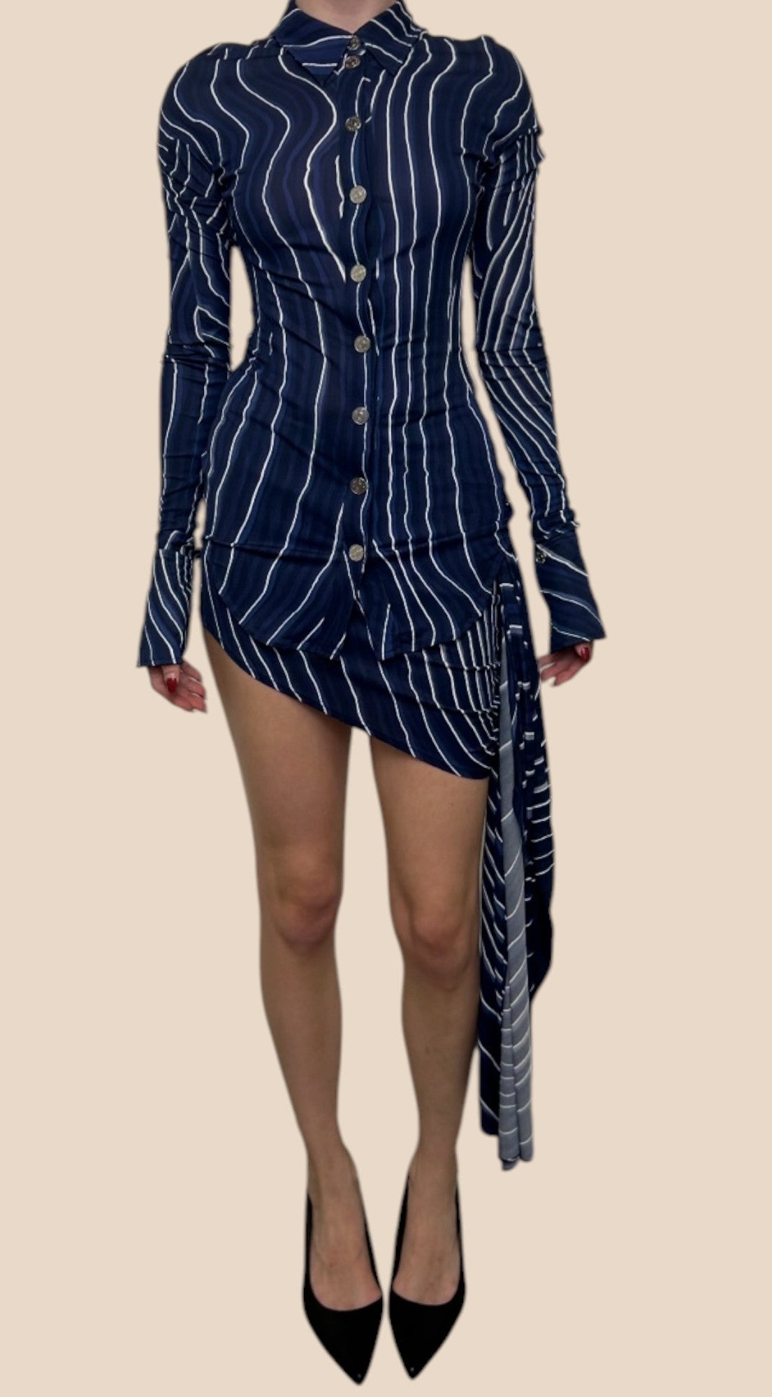 Mugler Navy Blue Striped Asymmetric Mini Dress
