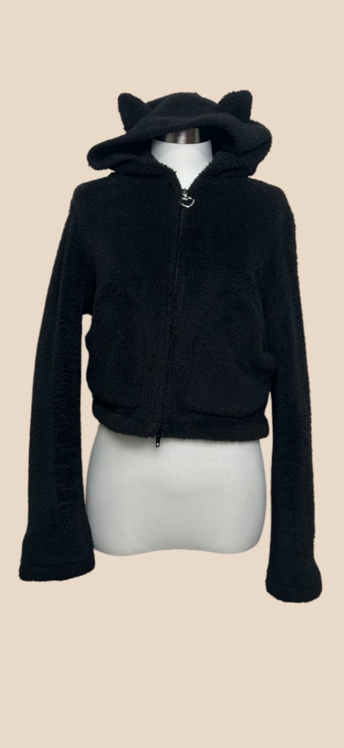 Balenciaga Black Fuzzy Faux Fur Zip-Up Hoodie with Cat Ears
