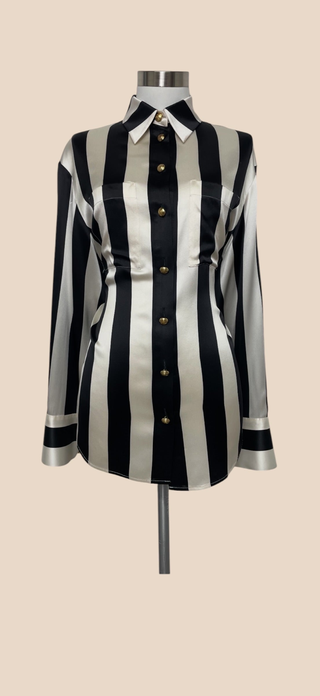 Balmain Black & White Striped Satin Button-Down