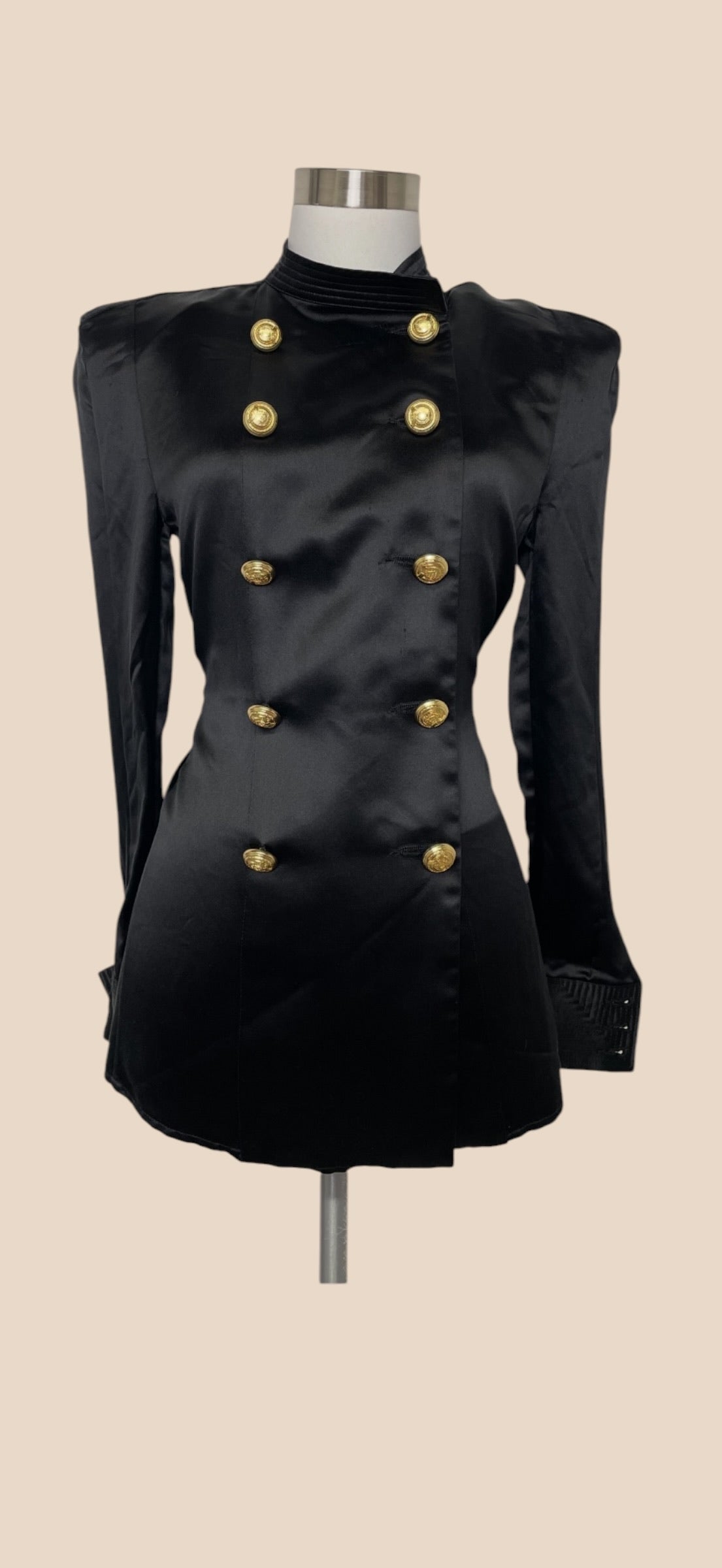 Balmain Black Satin Double-Breasted Military Jacket