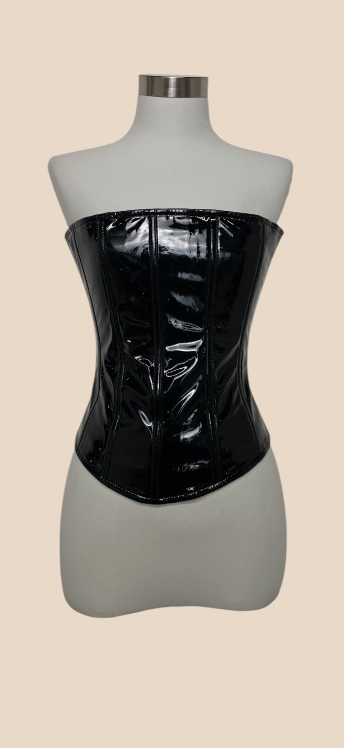 Balmain Black Patent Leather Strapless Structured Corset Bustier Top
