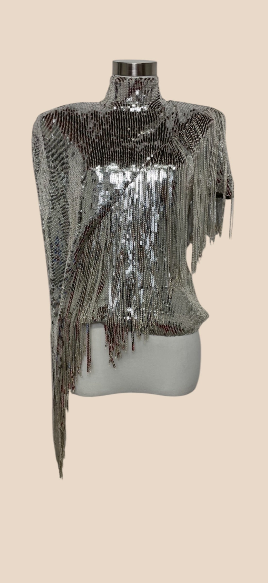 Balmain Silver Sequin Embellished High-Neck Top with Asymmetric Beaded Fringe