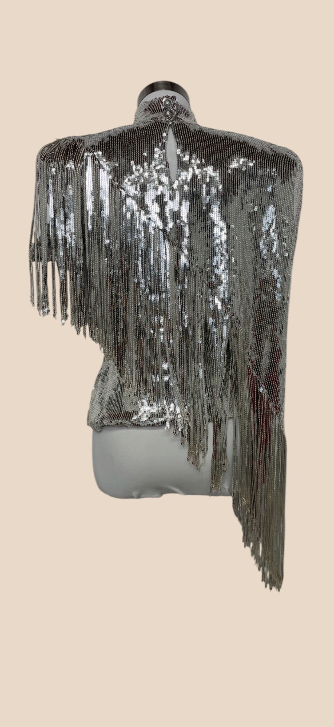 Balmain Silver Sequin Embellished High-Neck Top with Asymmetric Beaded Fringe