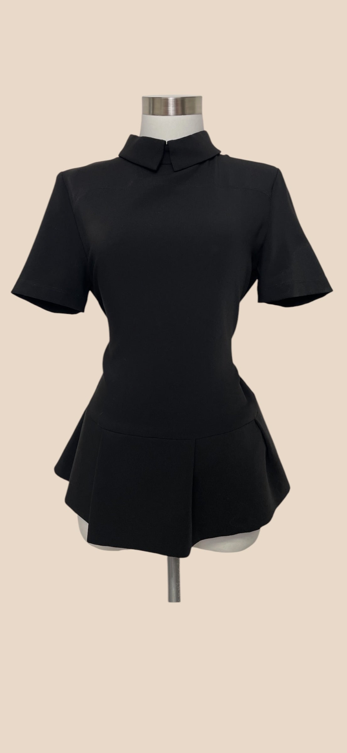 Blumarine Black Short-Sleeve Collared Peplum Top with Structured Flared Hem