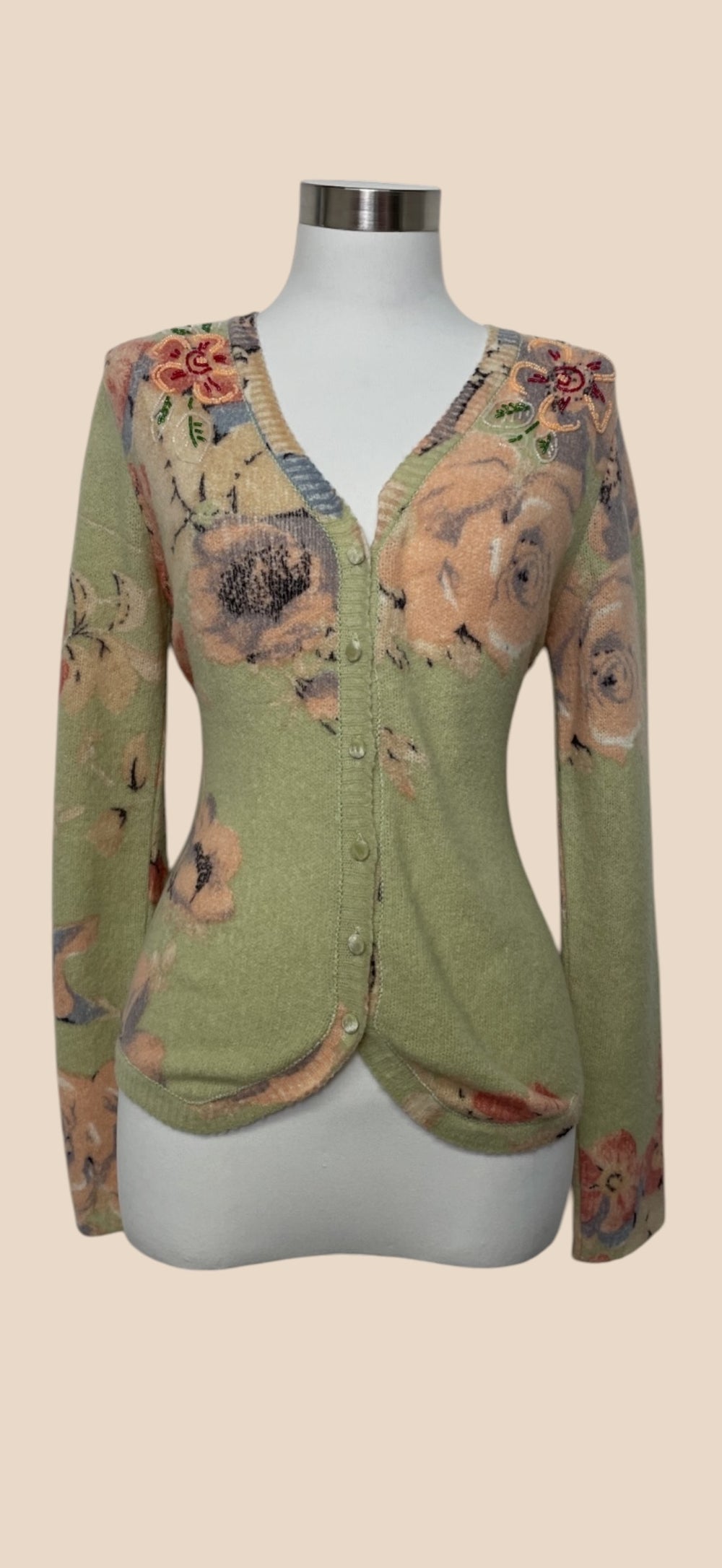 Blumarine Sage Green Floral Print V-Neck Cardigan
