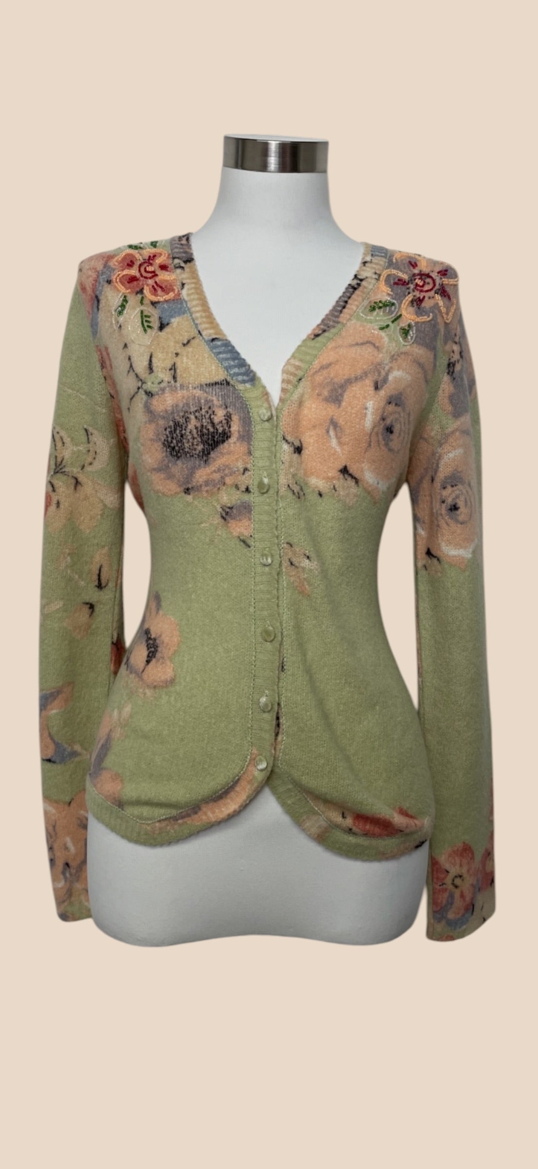 Blumarine Sage Green Floral Print V-Neck Cardigan