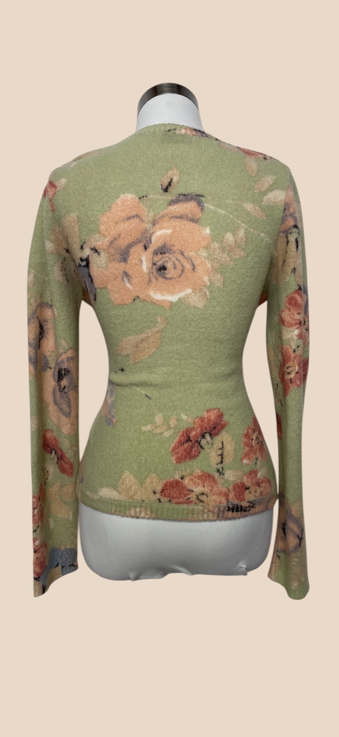 Blumarine Sage Green Floral Print V-Neck Cardigan