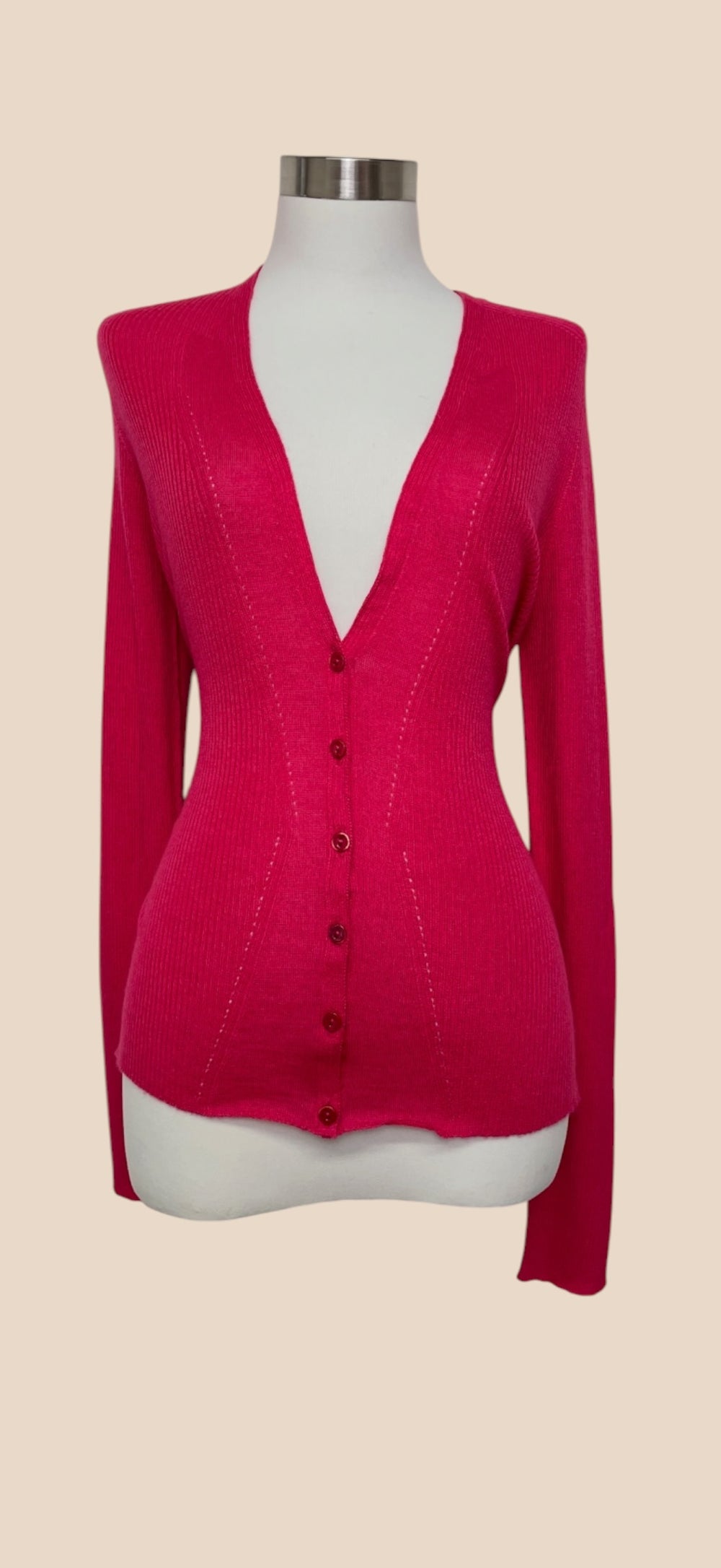 Blumarine Hot Pink Ribbed Knit Deep V-Neck Cardigan