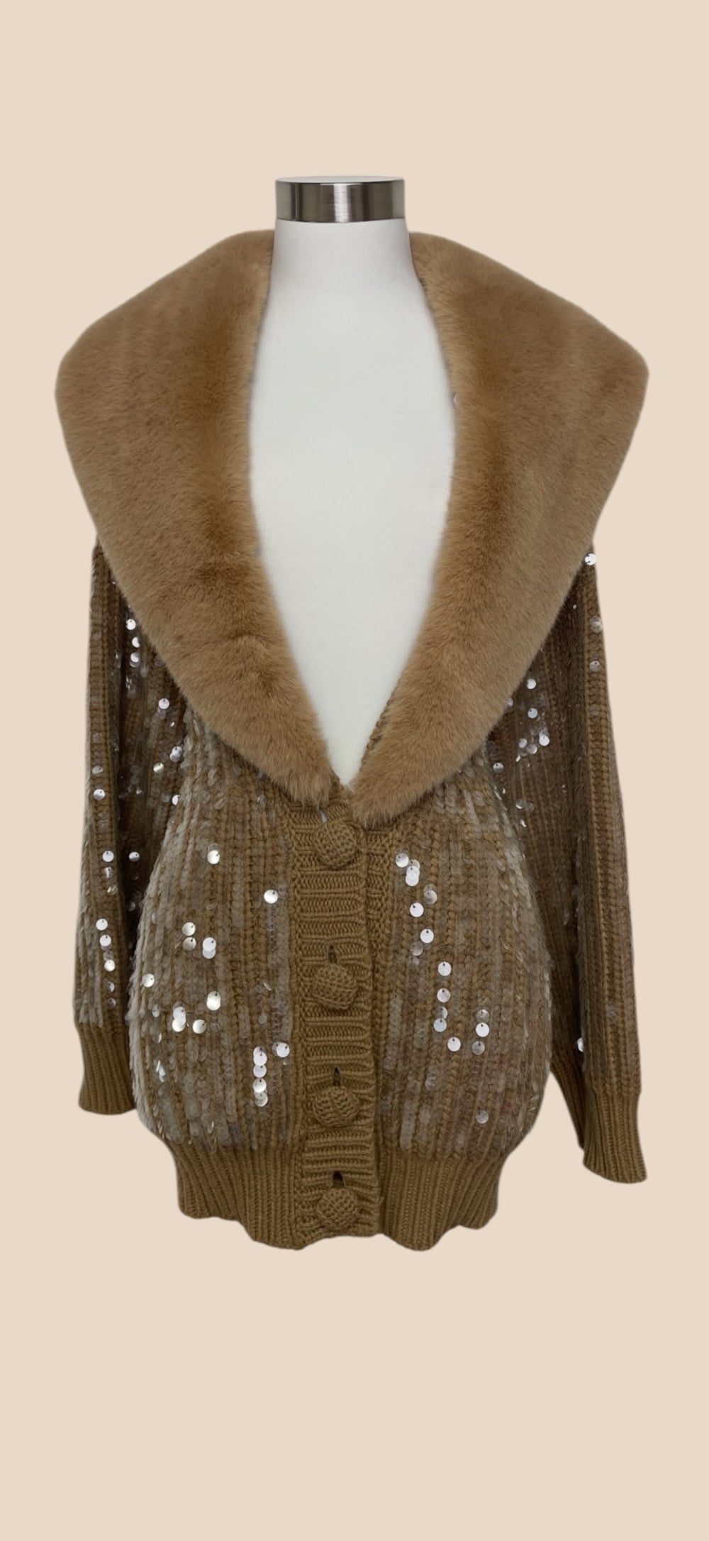Blumarine Brown Sequin Embellished Knit Cardigan with Oversized Fur Collar