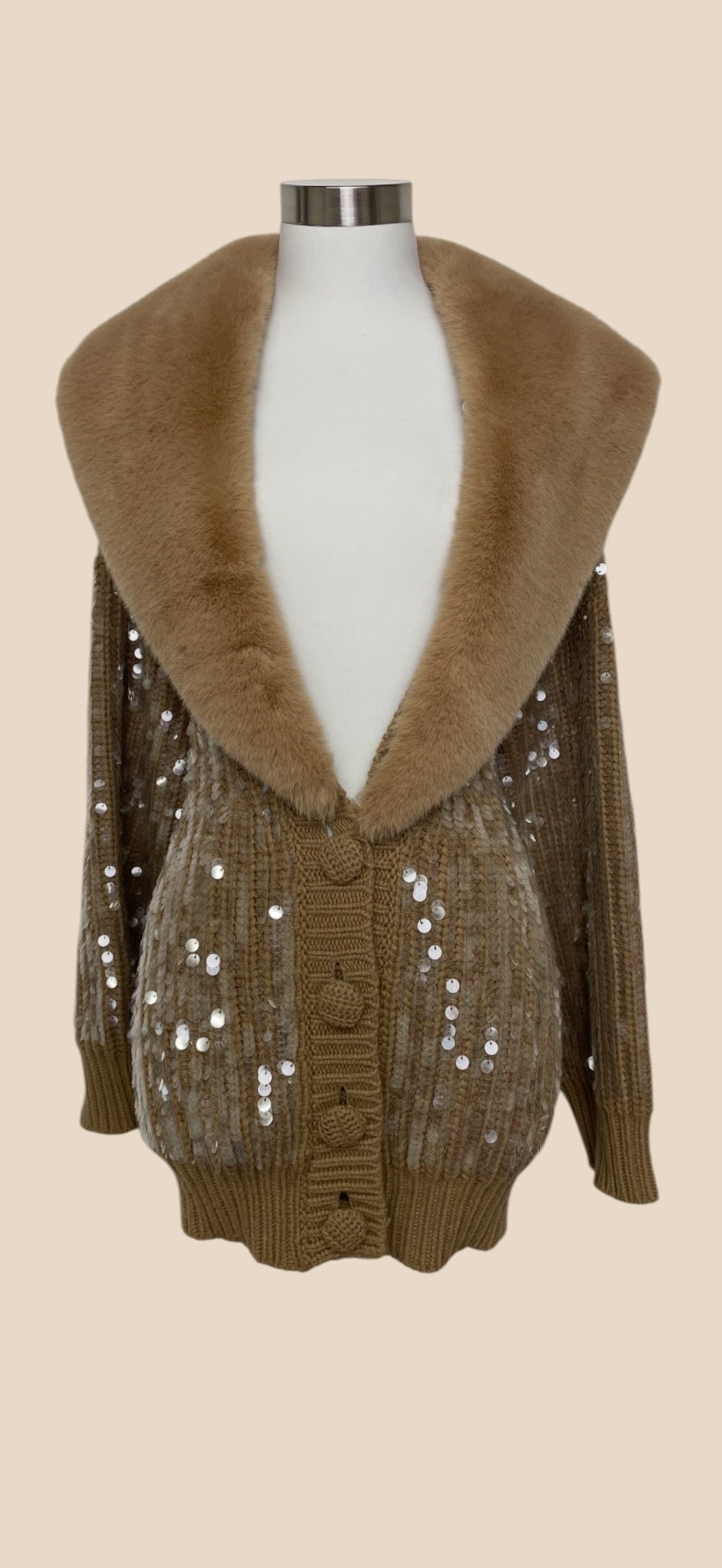 Blumarine Brown Sequin Embellished Knit Cardigan with Oversized Fur Collar