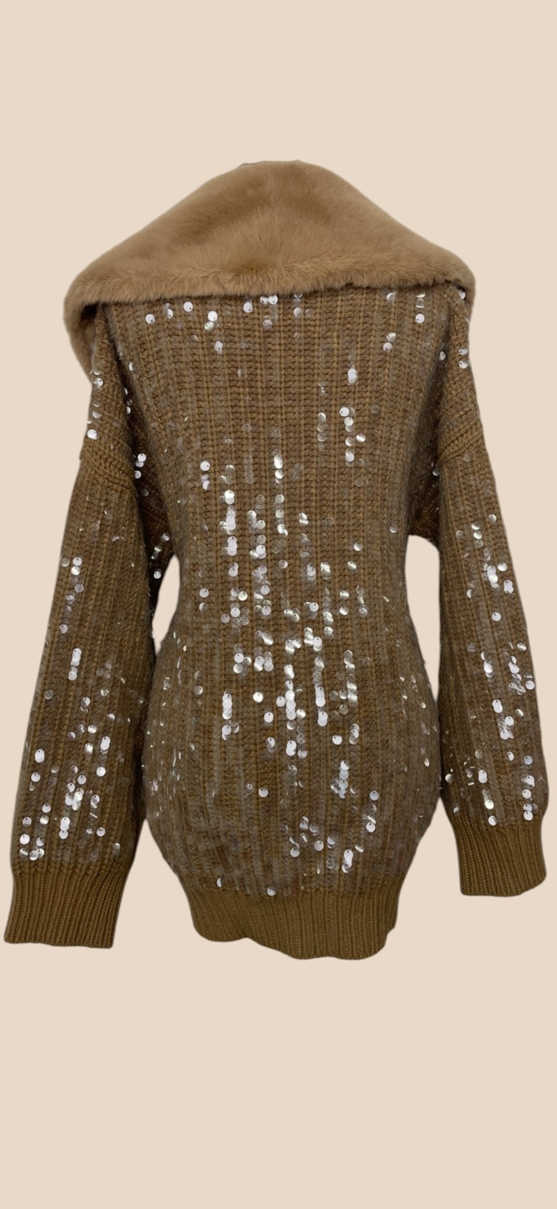 Blumarine Brown Sequin Embellished Knit Cardigan with Oversized Fur Collar