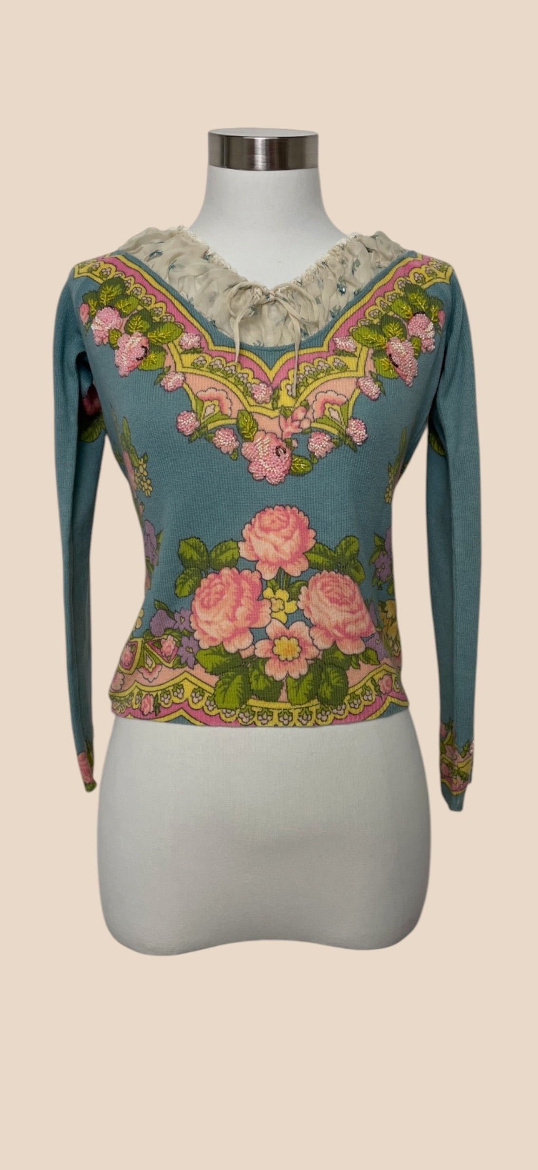 Blumarine Blue Floral Print Long-Sleeve Top